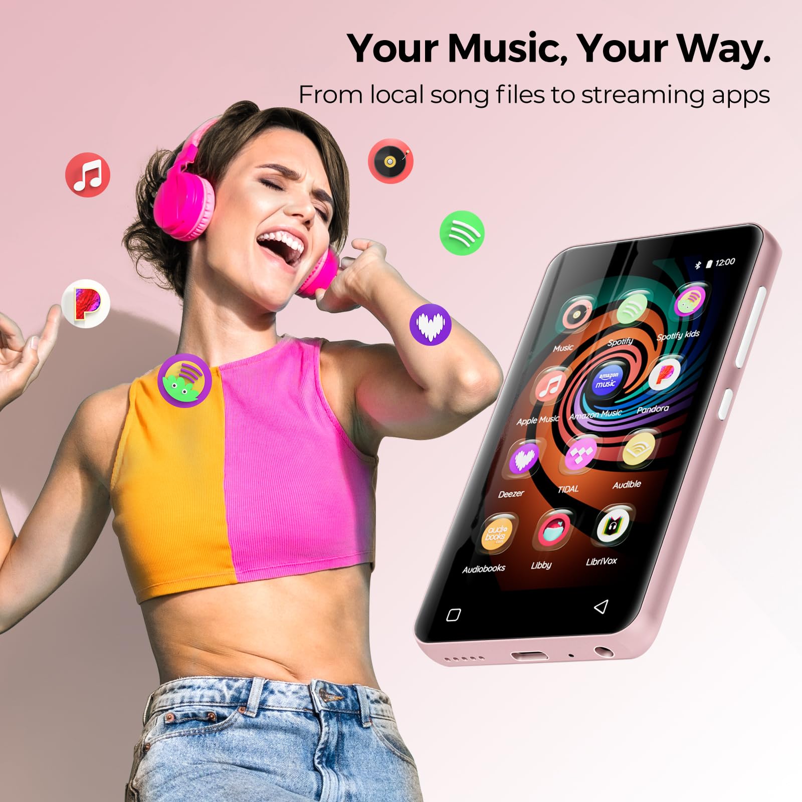Reproductor MP3 de 160 GB con Bluetooth y WiFi, reproductor de música innioasis con Spotify, Pandora, Amazon Music, pantalla táctil de Android MP4, reproductor MP3 para niños con Libby, Audible,