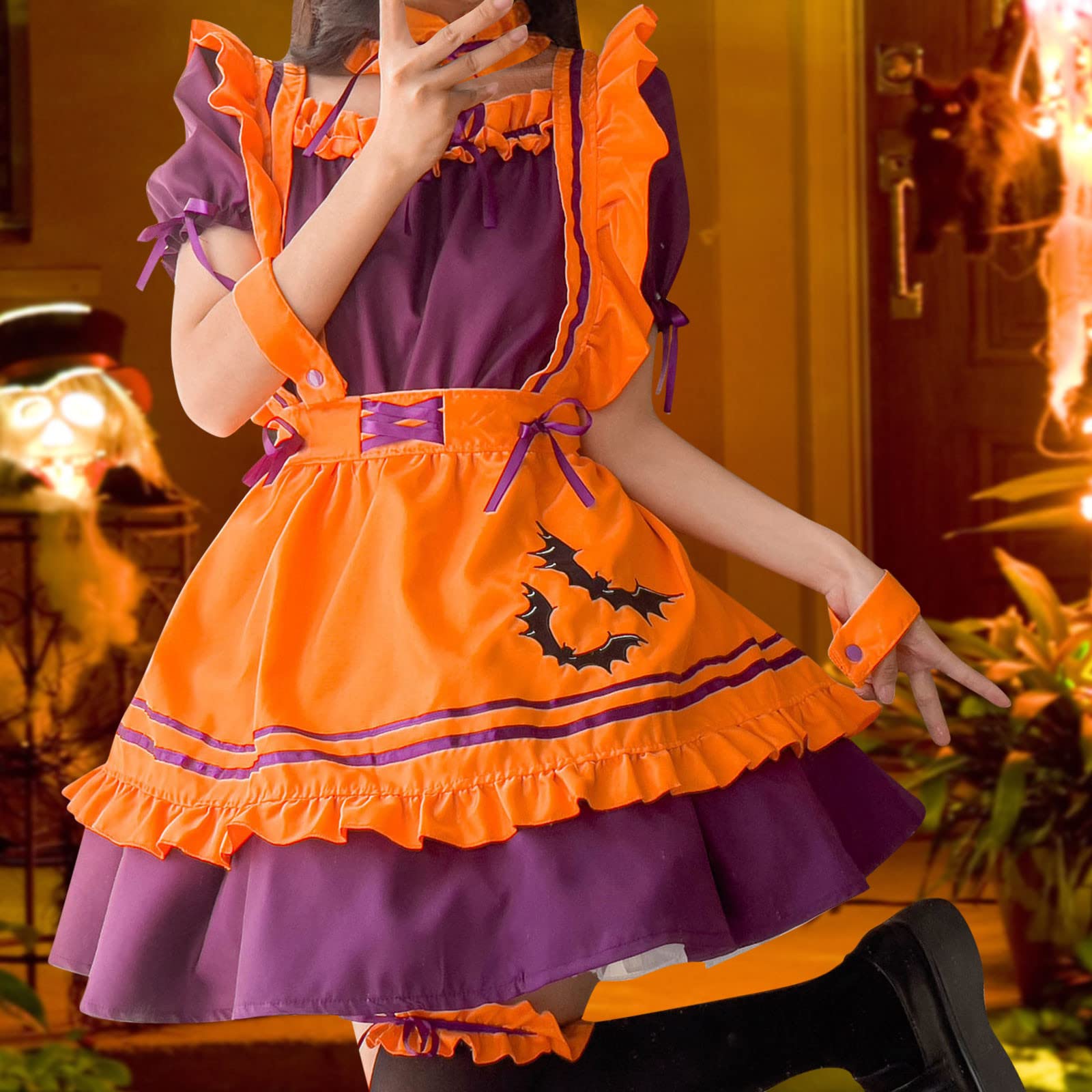 Halloween Donna Costume - Donne Ragazze Halloween Nero Abito Gotico Manica Corta Poliestere Abito A Pieghe con Fiocco Gatto Aperto Costume Ragazza Gatto Sexy Lolita Anime Carino Morbido Vestiti