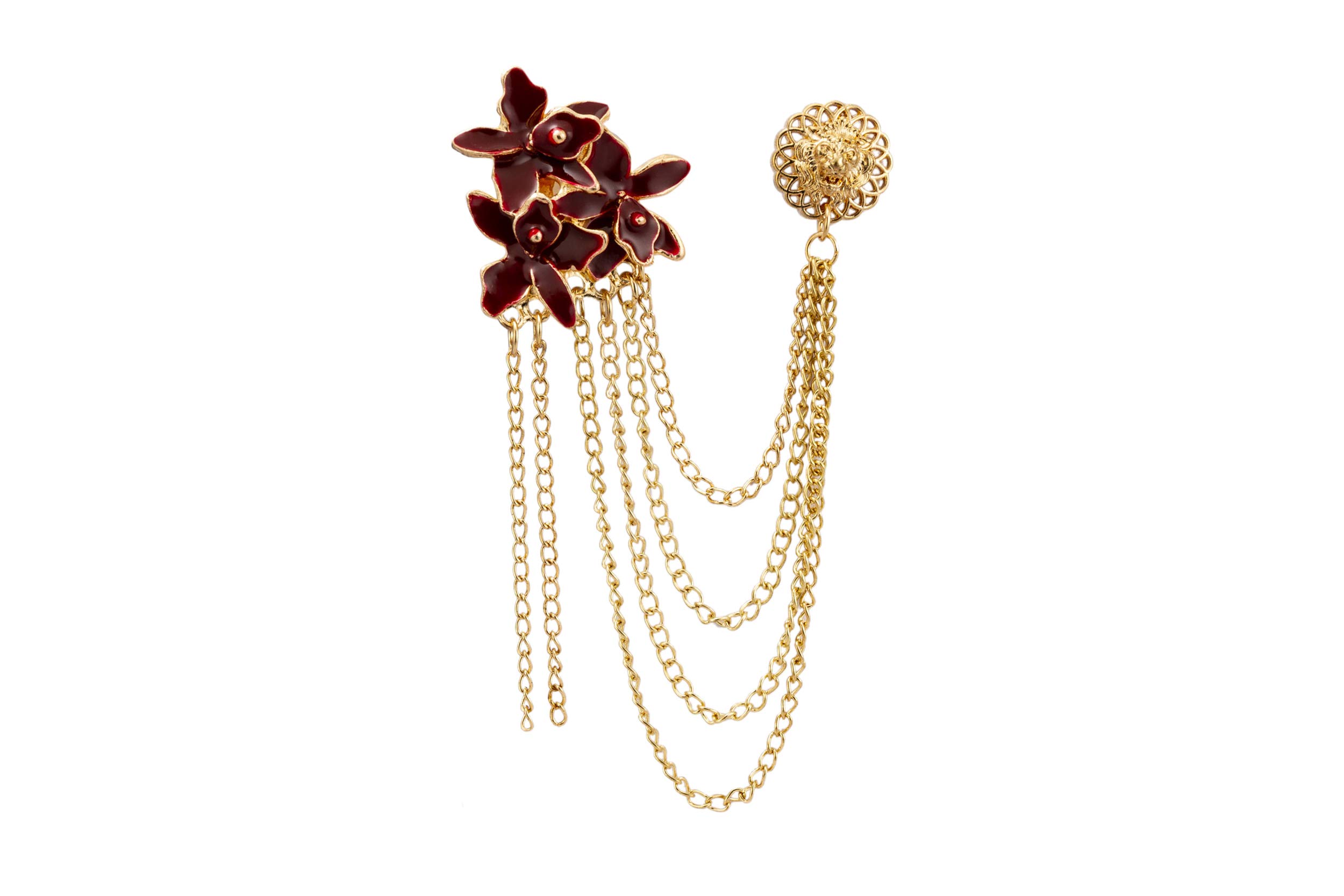 Maroon and Gold Flowers with Hanging Chain Metal Abstract Detailing Brooch for Men and Women-image-0