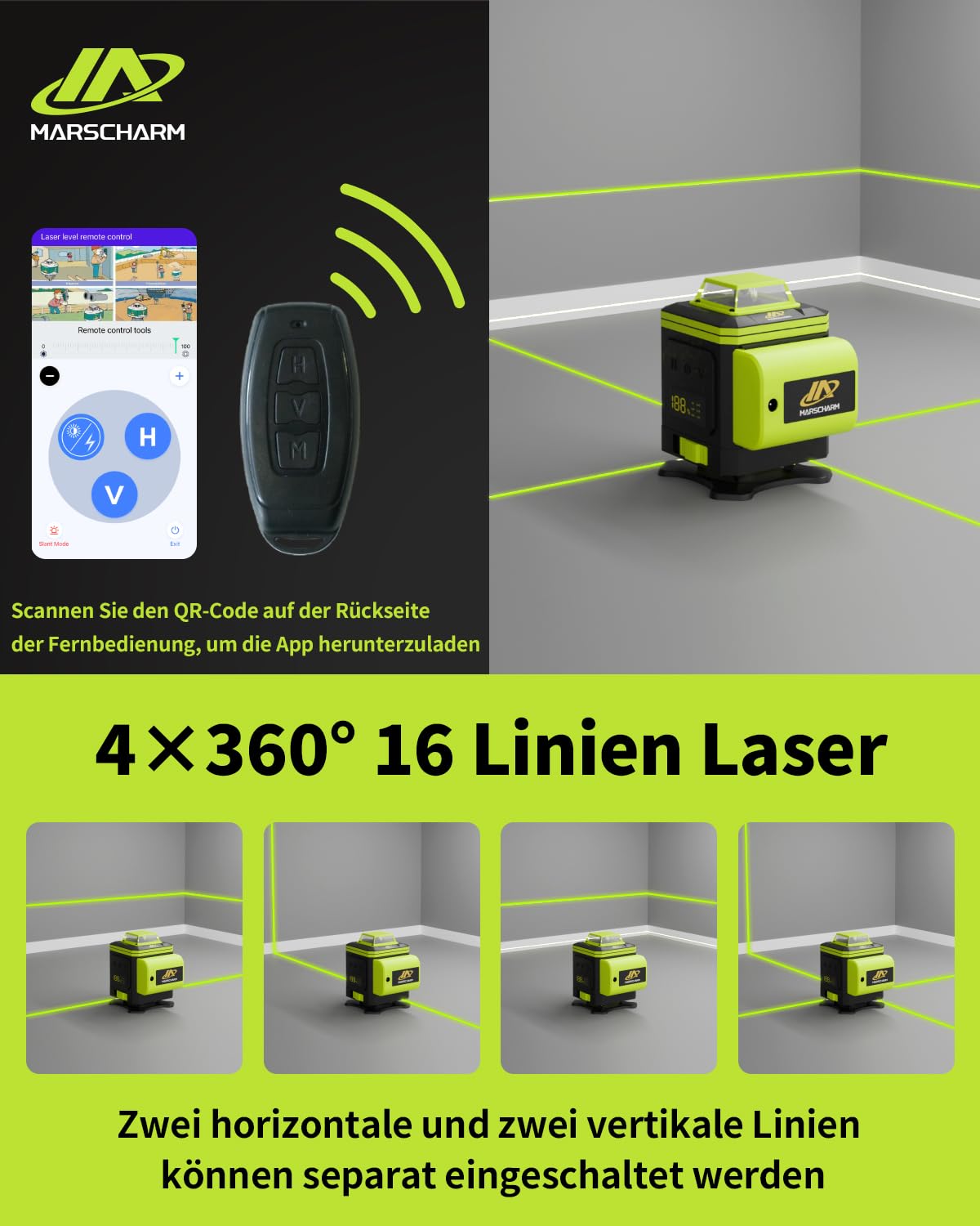 Cross Line Laser, niveau à bulle laser vert auto-nivelant 4x360 degrés avec affichage numérique, laser rotatif avec batterie au lithium 2 * 2400mAh, laser de construction laser linéaire
