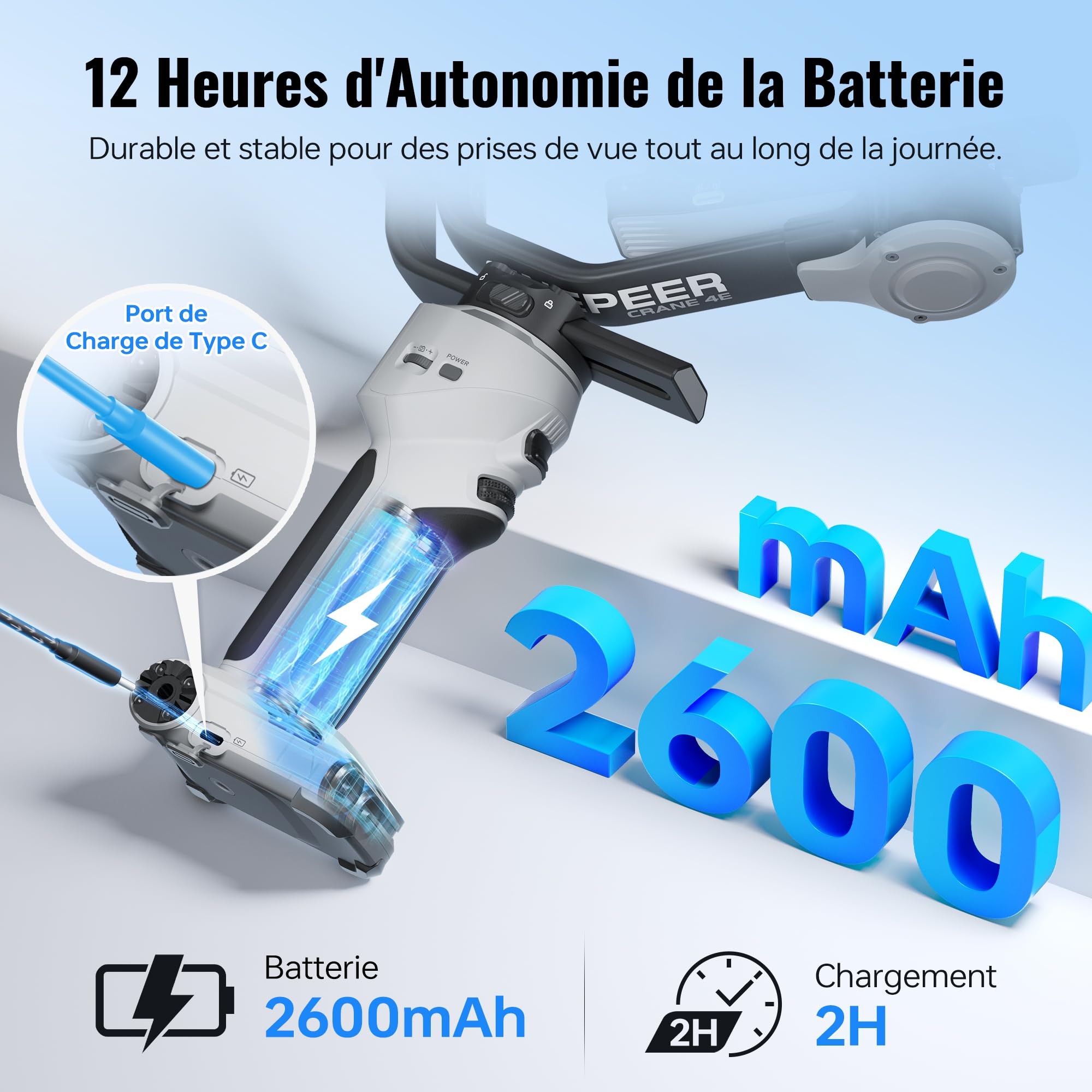 ZHIYUN CINEPEER Crane 4E Stabilisateur Camera, 3 Axes Stabilisateur Appareil Photo pour Caméras DSLR et sans Miroir, pour Nikon/Canon/Sony/Panasonic/Fujifilm, Gris Clair