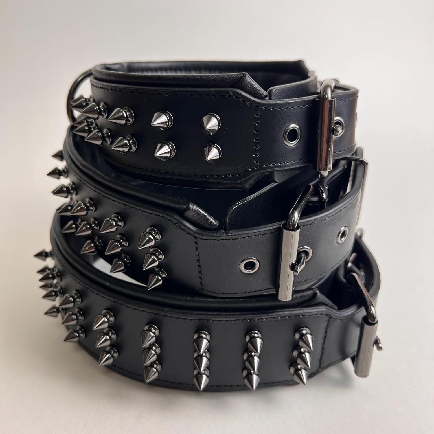 Luxury Leather Spike Dog Collar, Double-Layer Soft Cowhide, Punk Style for Medium and Large Dogs, Pit Bulls, Rowena (Black,L-Neck 39-47cm)
