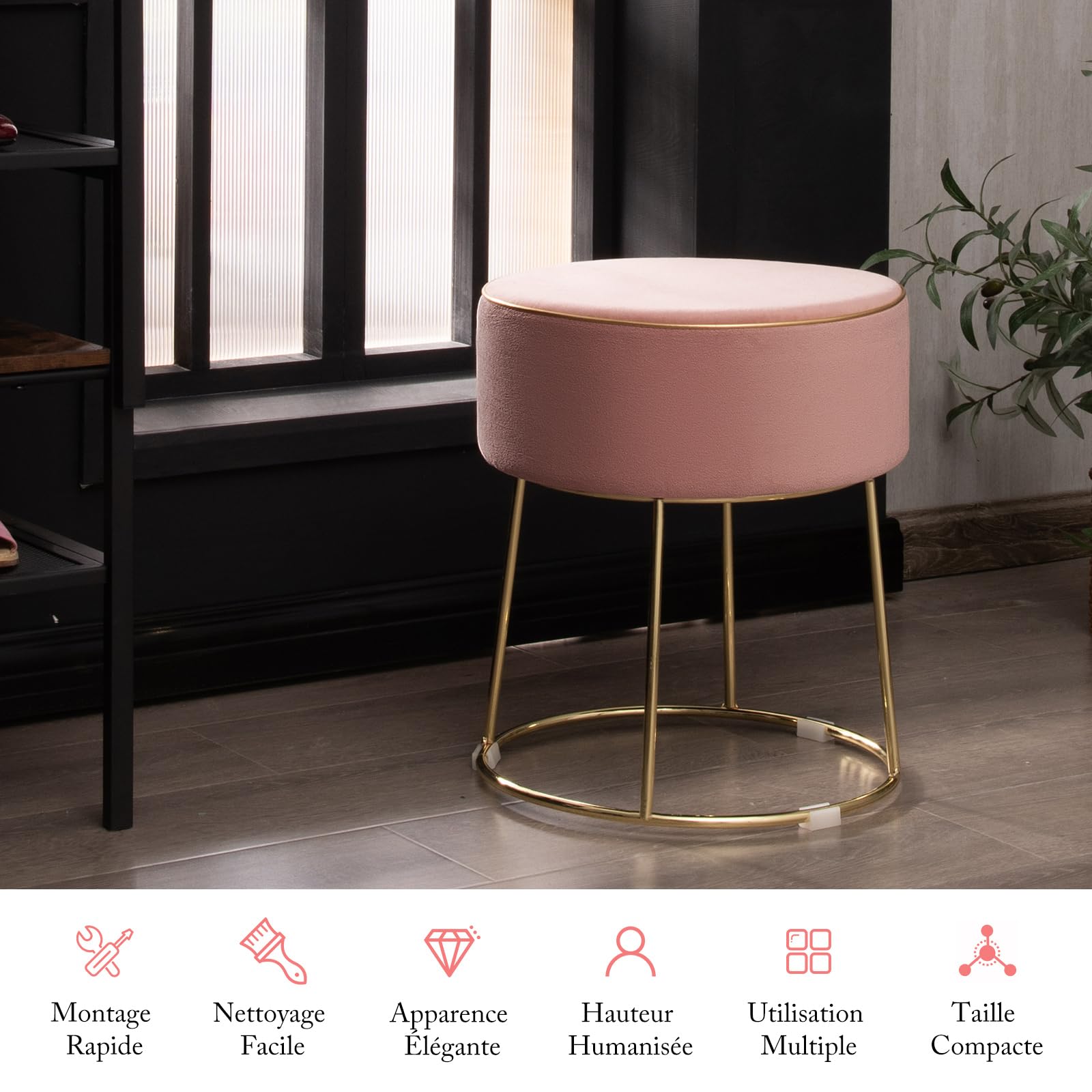 COSTWAY Tabouret Coiffeuse Rond, Pouf Coiffeuse en Velours Rembourré, Pouf Tabouret, Base en Métal, Coussinets Antidérapants, pour Salon, Chambre, Entrée, 35 × 35 × 41 cm (Rose)