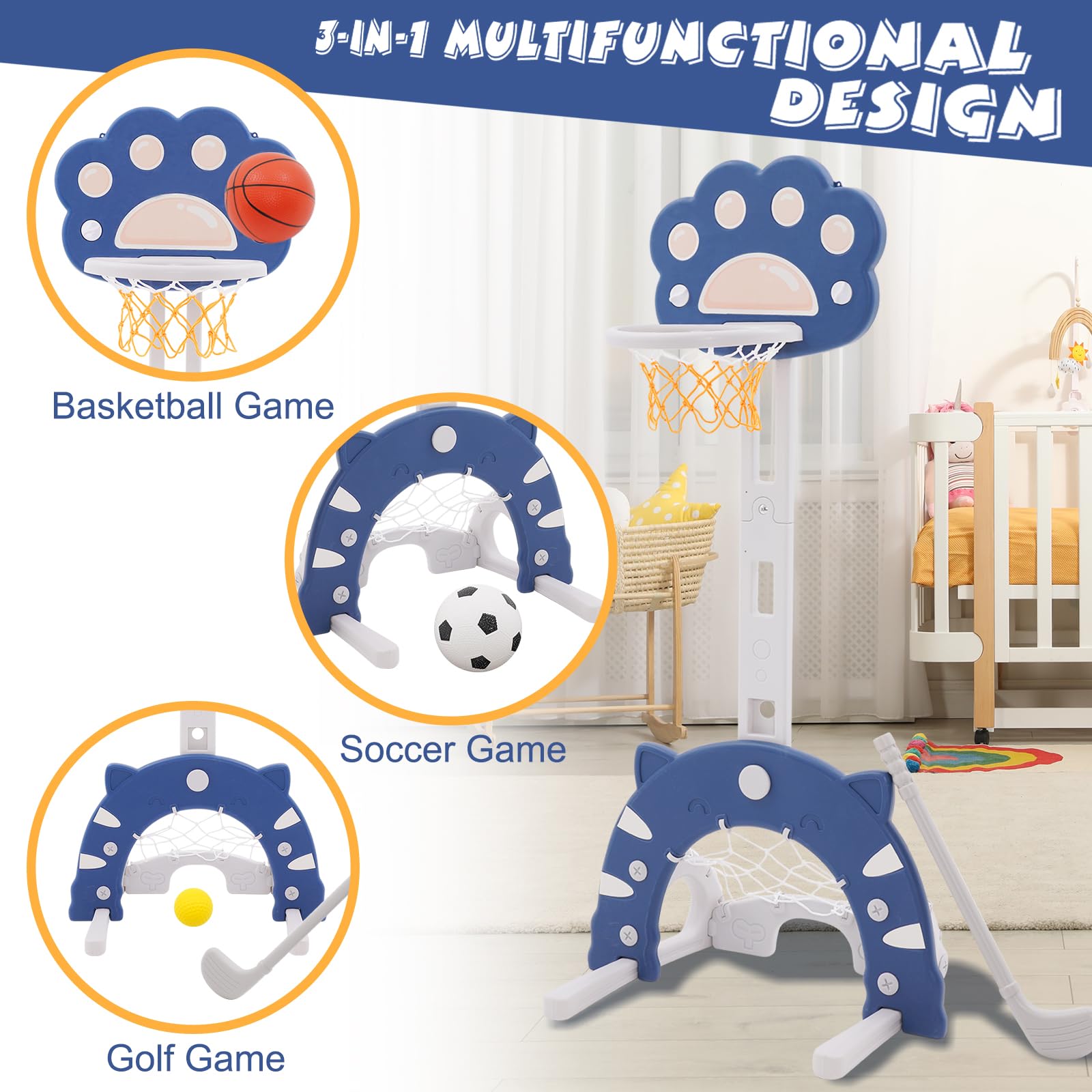 Kinder Basketballkorb Set Höhenverstellbarer Basketballständer & Fußballtor Golfspiel Ringwurf für Jungen und Mädchen,Basketballkorb Kinder für Indoor und Outdoor geeignet