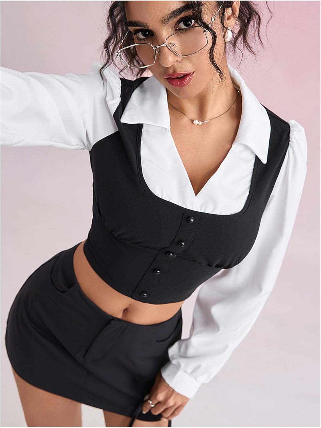 MakeMeChic Women's Collared Long Sleeve Crop Blouse Colorblock Office Work Tops - Image 5