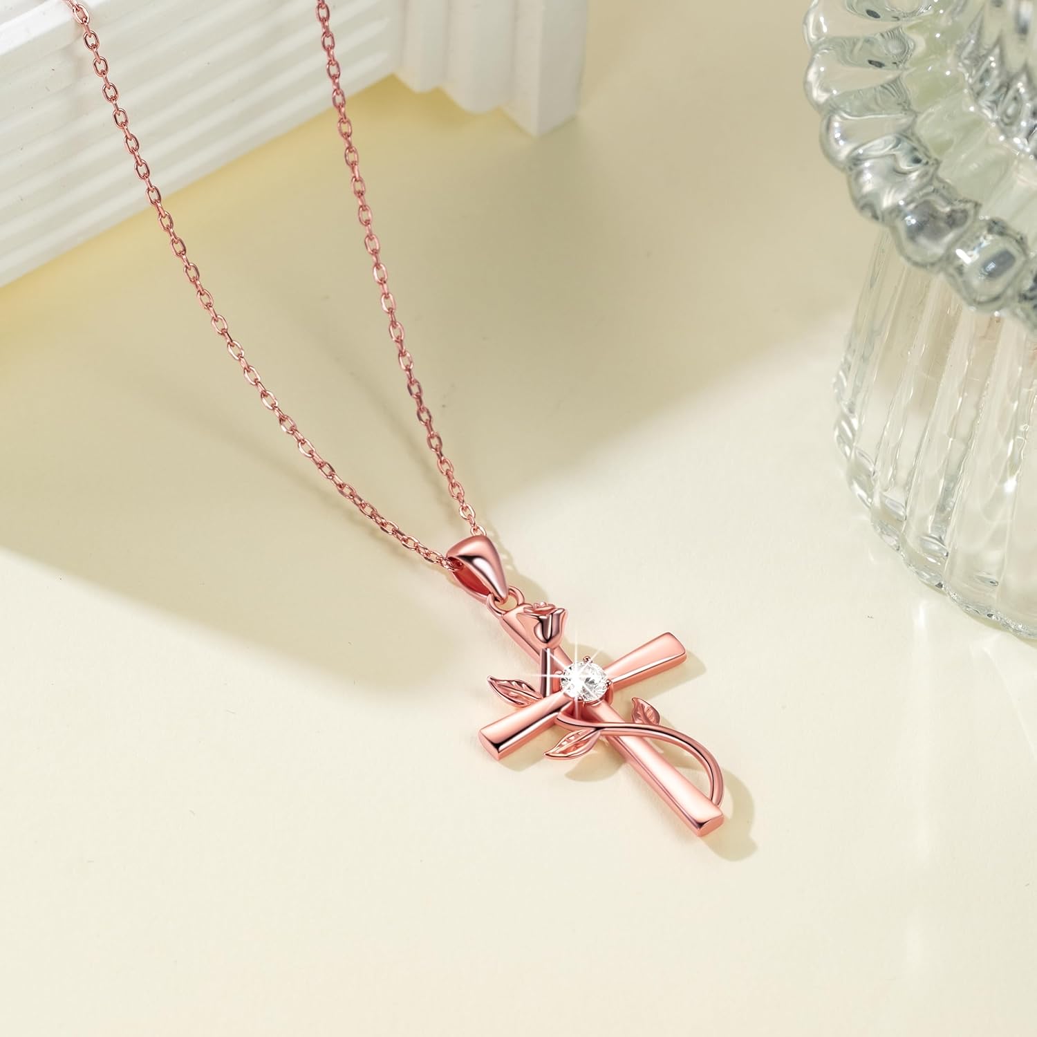 BlingGem Cross Necklace for Women Sterling Silver Cross Necklaces Pendant White/Rose/Gold Plated Cubic Zirconia Flower Necklace Gifts for Women - Image 2