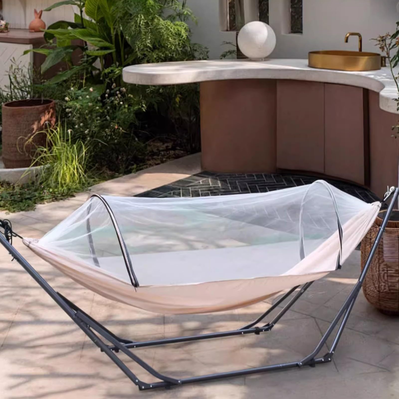 Hamac double avec support amovible et moustiquaire – Parfait pour 2 personnes, utilisation en intérieur/extérieur, chaise longue pour porche, terrasse, camping, relaxation et confort.