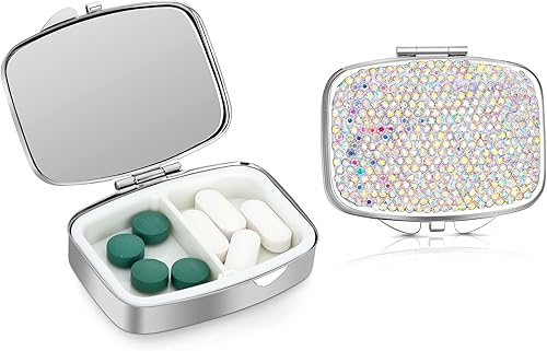 Soleebee Pastillero de cristal brillante, portátil con 2 compartimentos, organizador diario de píldoras, pequeño estuche de pastillas de viaje para