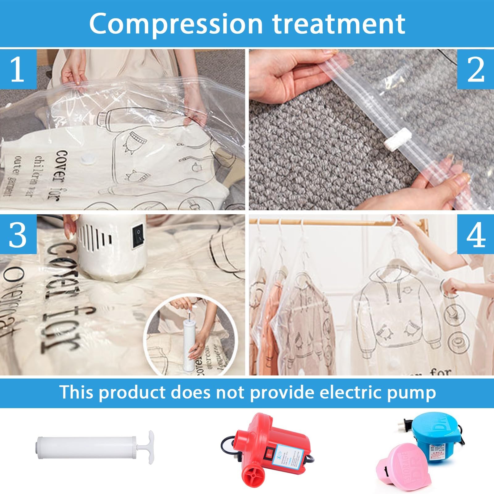 6 Sacs Sous Vide Pour Vêtements 110x70 Cm – Avec Pompe à Main – Suspendables – Gain De Place Valise Et Placard