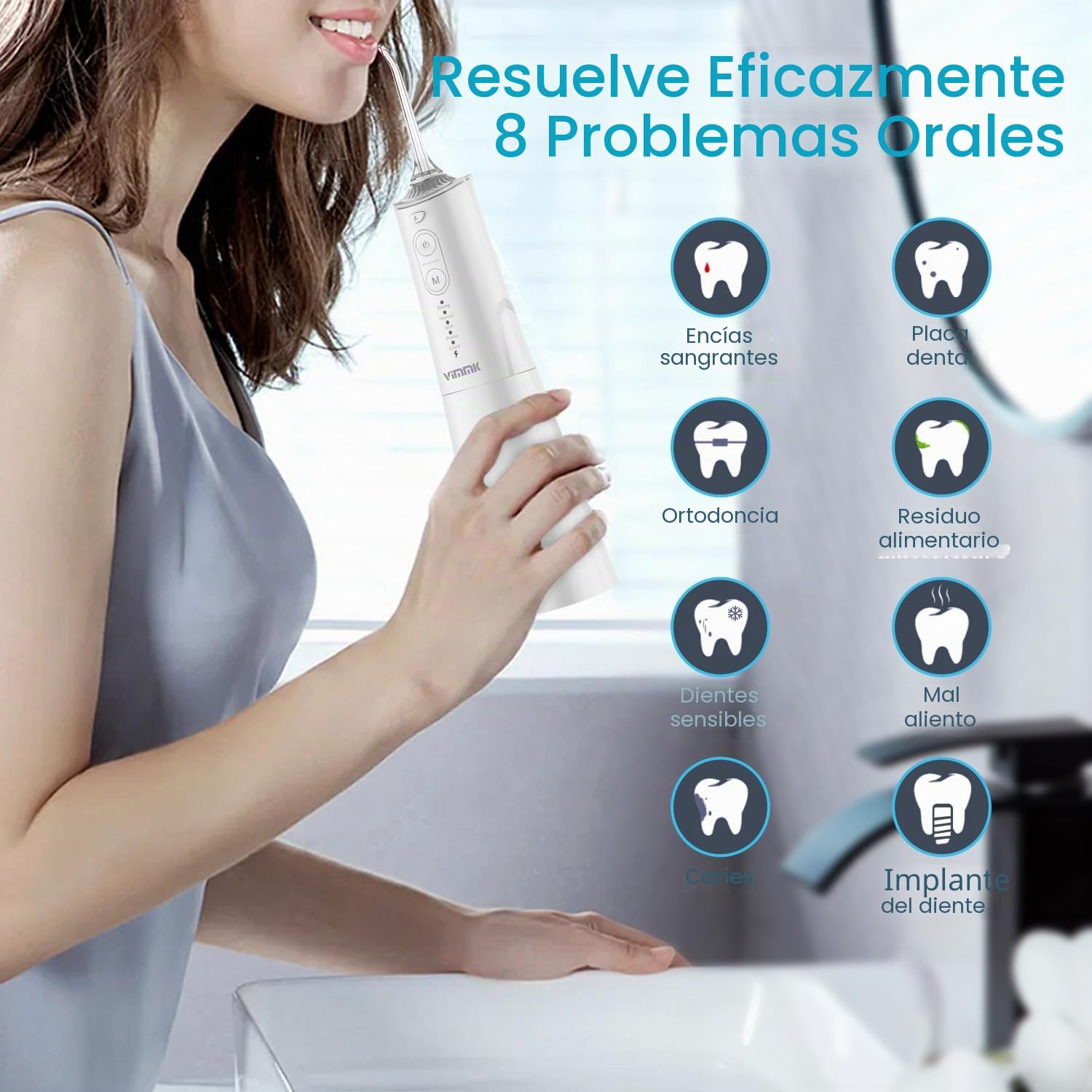 Vimmk Irrigador bucal inalámbrico, Irrigador Dental de Agua con Irrigador Oral Dental Recargable Impermeable IPX7 para Viajes a Casa (Blanco)