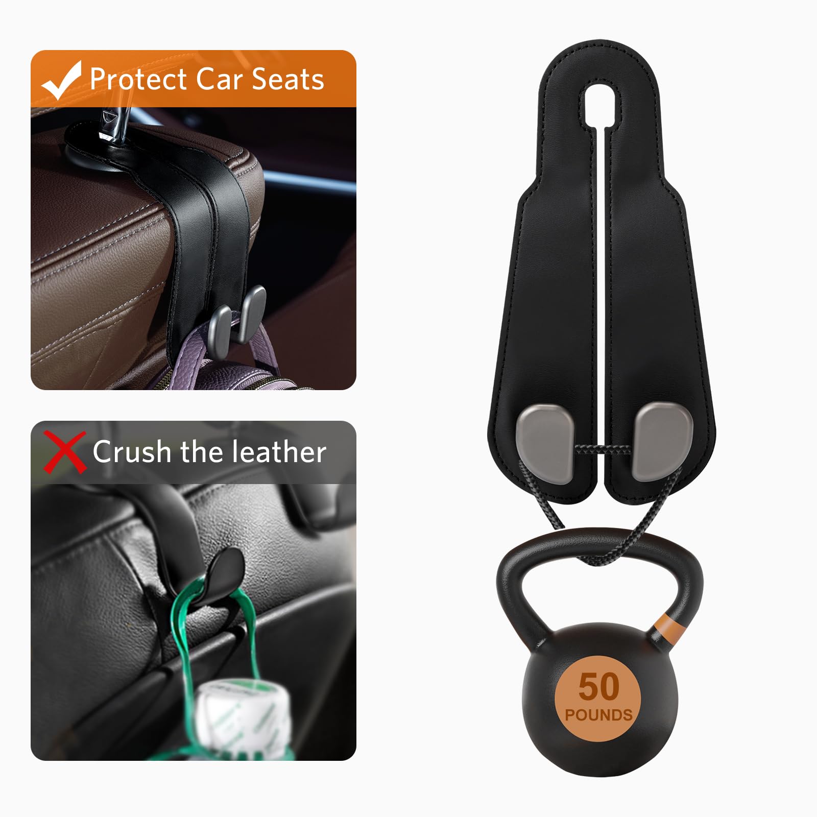 CoBak Purse Hook for Car - Universal Premium Stitched Leather and Aluminum-Magnesium Alloy Double Car Seat Back Storage — view 4