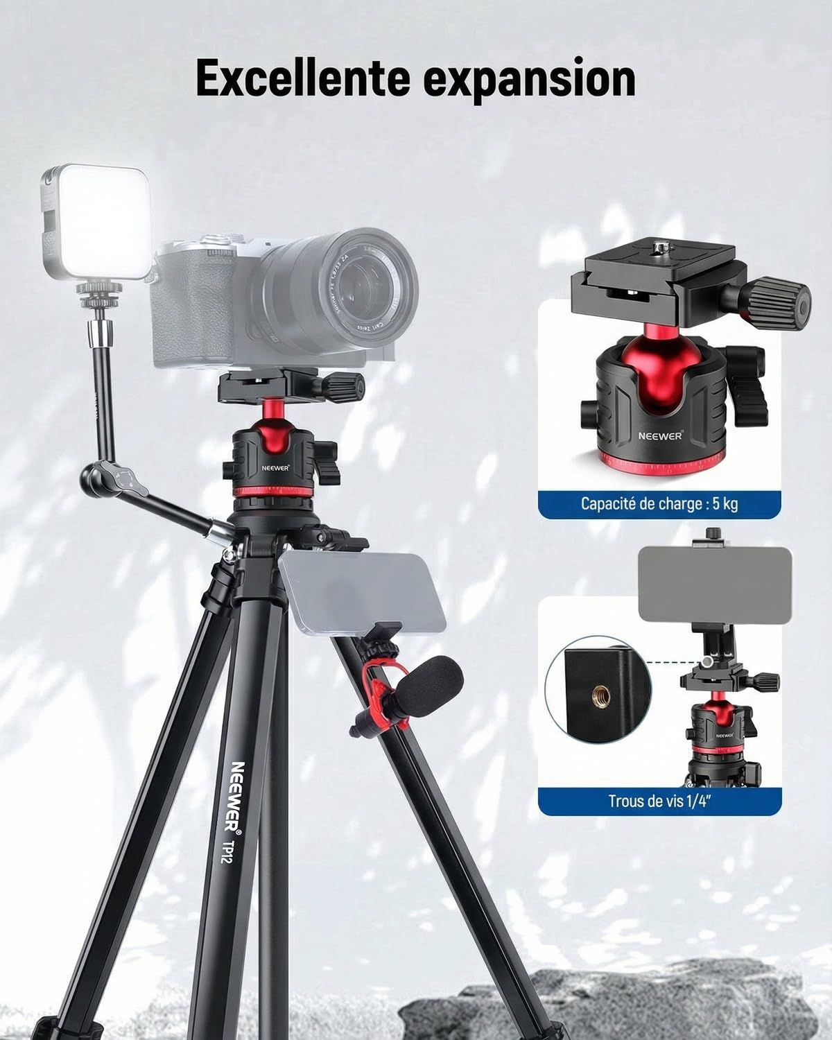 NEEWER Basics 66.5"/169cm Trépied Voyage pour Appareil Photo, Support léger et Portable pour Reflex numérique avec rotule, Plaque QR Arca, Support pour téléphone Portable, Charge maximale 11 LB, TP12
