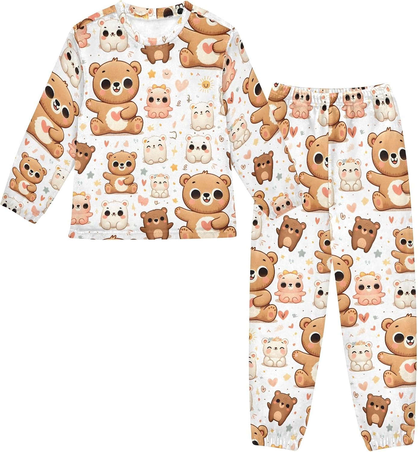Kids Flannel Sets Cute Happy Bear with Heart Warm Plush Relaxed Clothing for Boys and Girls