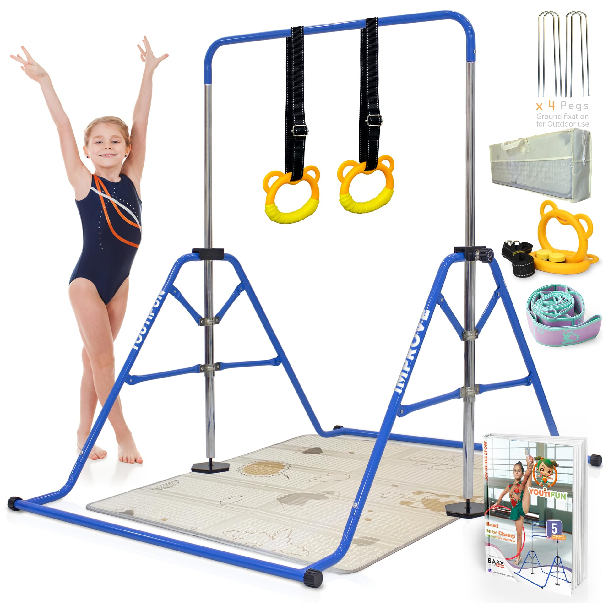 YOUTIFUN Gymnastics Bar, Kids Gym Equipment 5 Level Height Adjustable Pull Up Horizontal Gymnastic Bar, Gymnastics Equipment for Home for Girls & Boys, 3 to 12 years old (Blue W/Mat) โ image 1