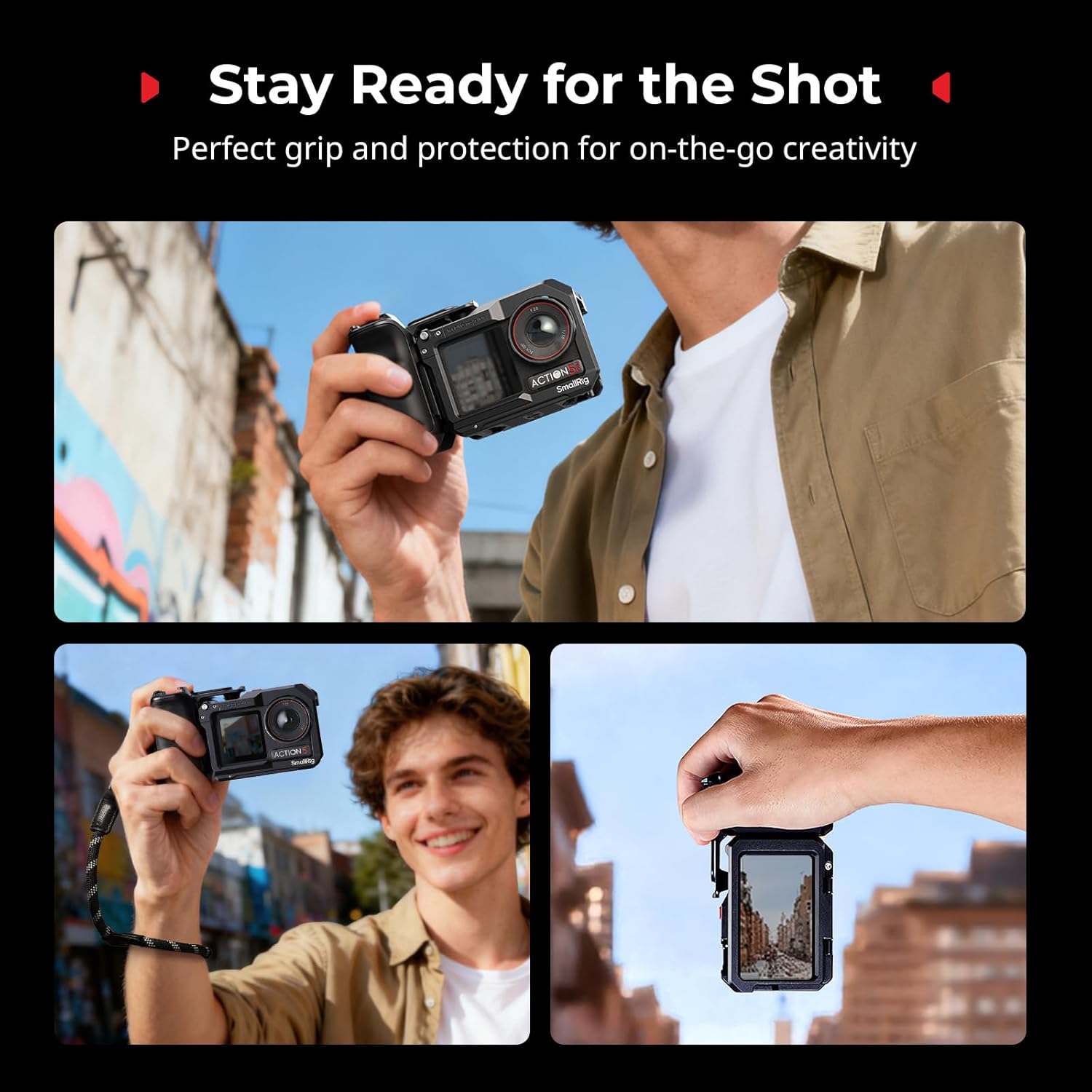 SmallRig Handle Grip Kit for DJI Osmo Action 5 Pro / 4/3 with Cage, Street Photography Grip for DJI, Quick Release, Shutter Button, Cold Shoe, Wrist Strap, 1/4 Threaded Hole for Tripod Selfie Stick