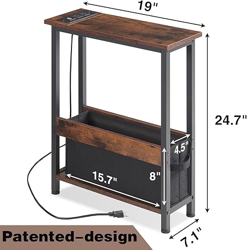 Miniatura 3 de Mesa auxiliar estrecha con estación de carga y cajón de almacenamiento, mesa auxiliar pequeña para espacios pequeños, mesa auxiliar delgada con