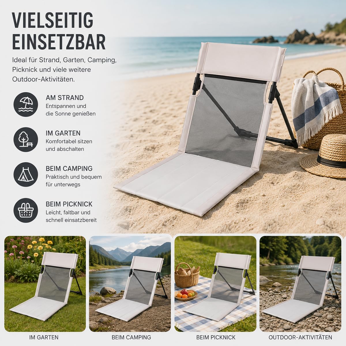 Strandsitz Faltbar Leicht, Strandmatte Mit RüCkenlehne, Leichte Strandmatte (Mit Aufbewahrungstasche) Aus Atmungsaktivem Netzgewebe Mit Verstellbarer RüCkenlehne, Geeignet FüR Camping (Cremefarben)