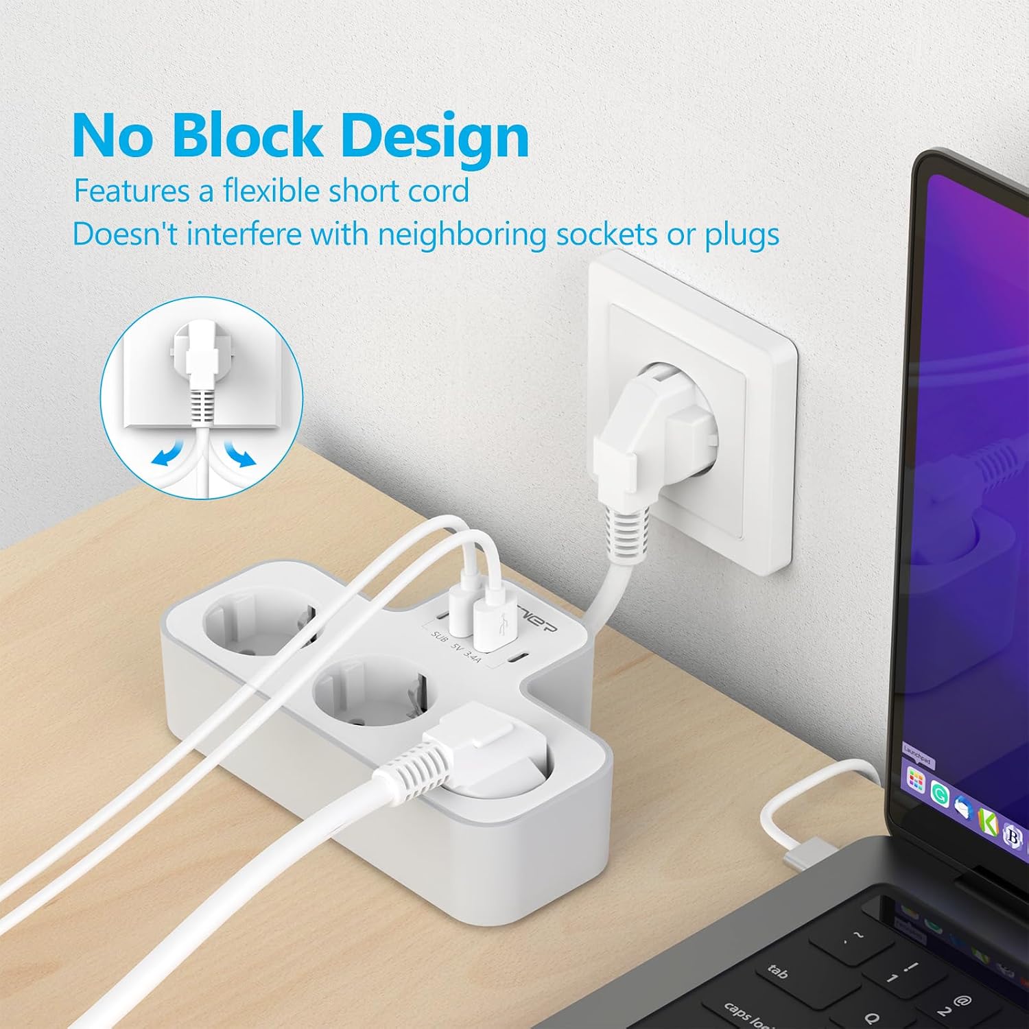 JSVER 3-Voudige USB-Stekkerdoos met 4 USB-Poorten, 7-in-1-Stopcontactadapter met Flexibele - Mise en situation et utilisation