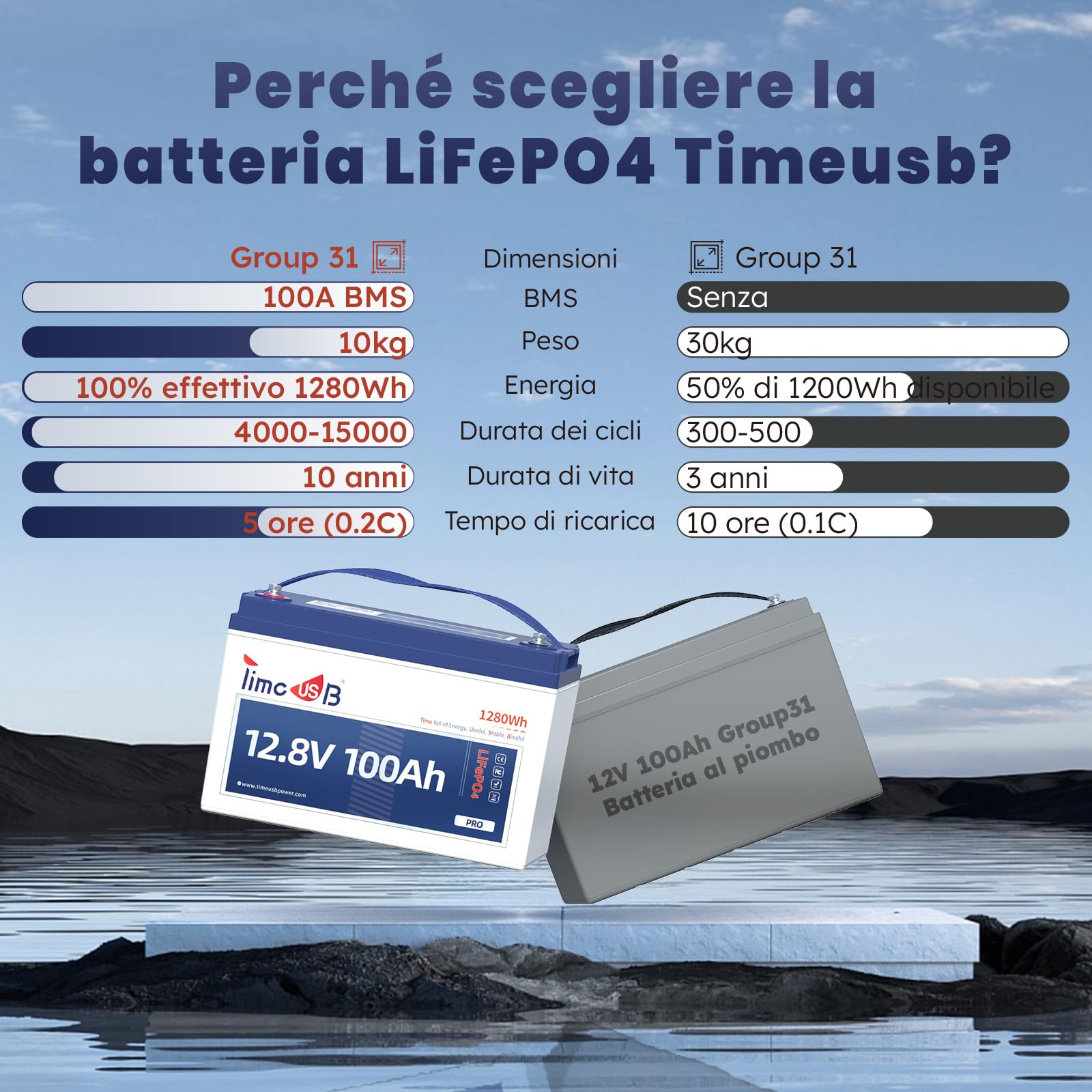Timeusb Batteria al Litio 12V 100Ah Batteria LiFePO4, BMS 100A Incorporato, Fino a 15000 Cicli Profondi,1280Wh Perfetta per Fotovoltaico Camper Sistemi di casa Solare e Applicazioni