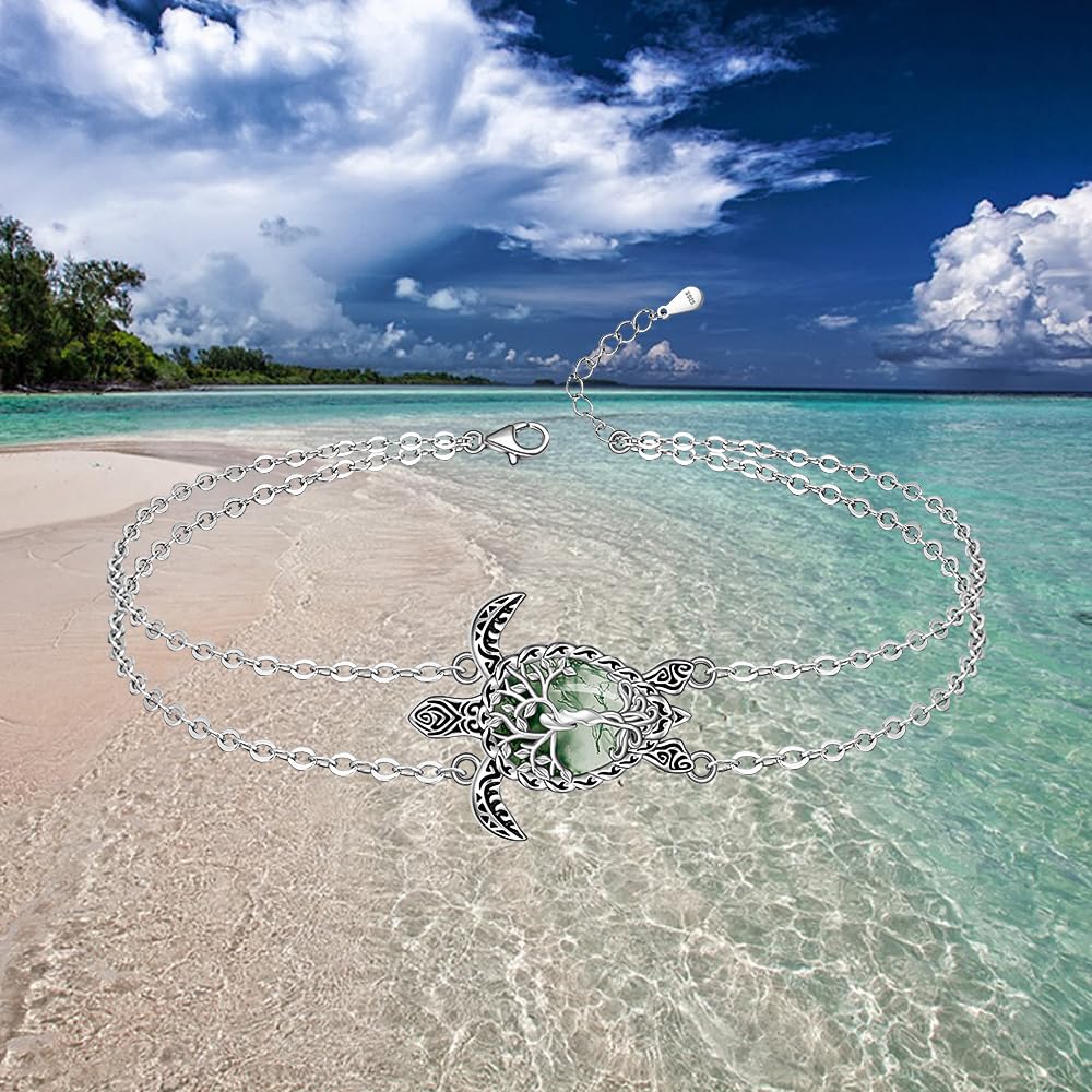 Cavigliera tartaruga in agata muschio, albero della vita, tartaruga, cavigliera da donna, in argento Sterling, oceano, spiaggia, mare hawaiano, gioielli regalo