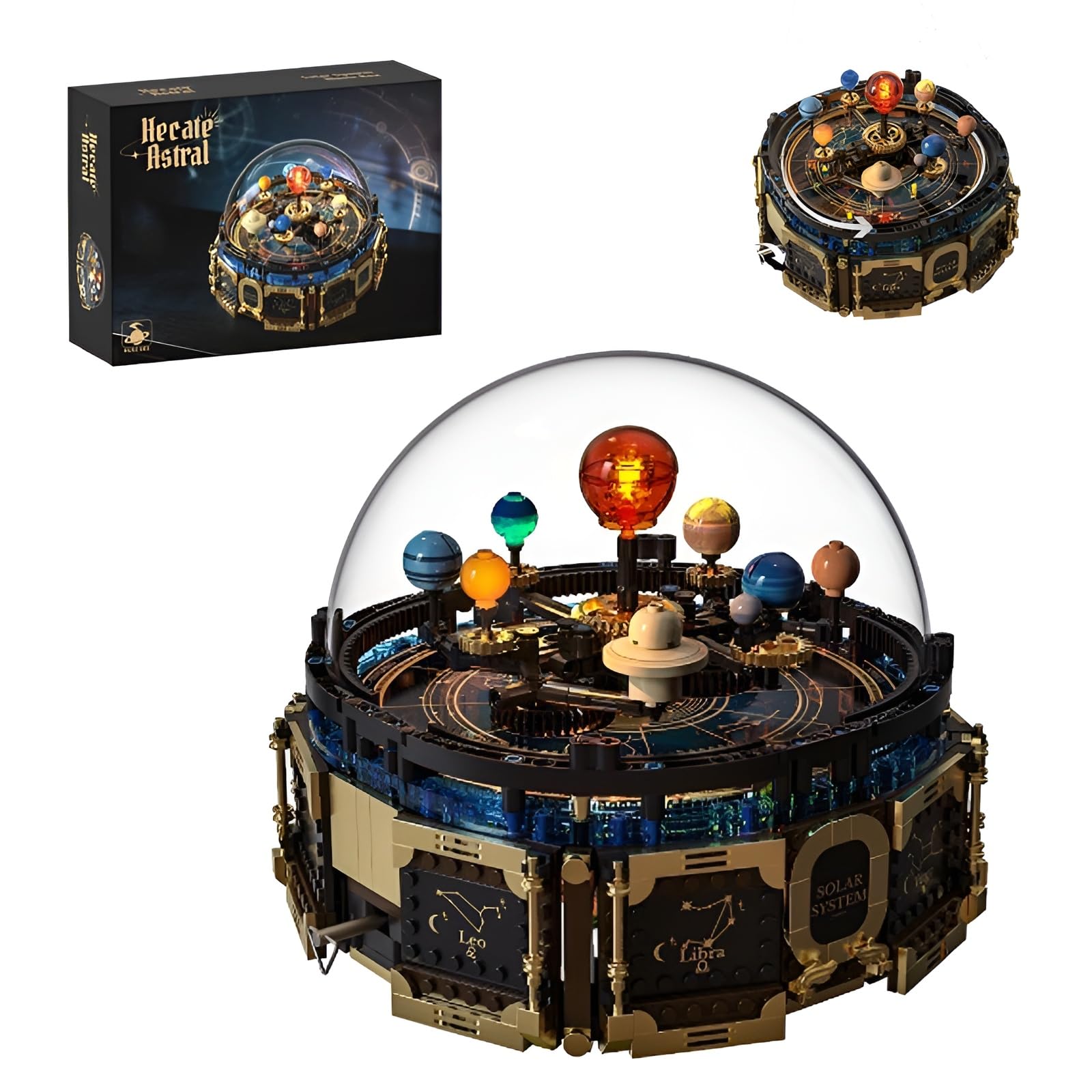 Technick Solar System Orrery Bausatz, 989Teile Rotierendes Planetenmodell mit Spieluhr, Astronomische Kuppelausstellung, Vintage Kosmische Deko, Kreative Geschenke für Weltraum-Enthusiasten