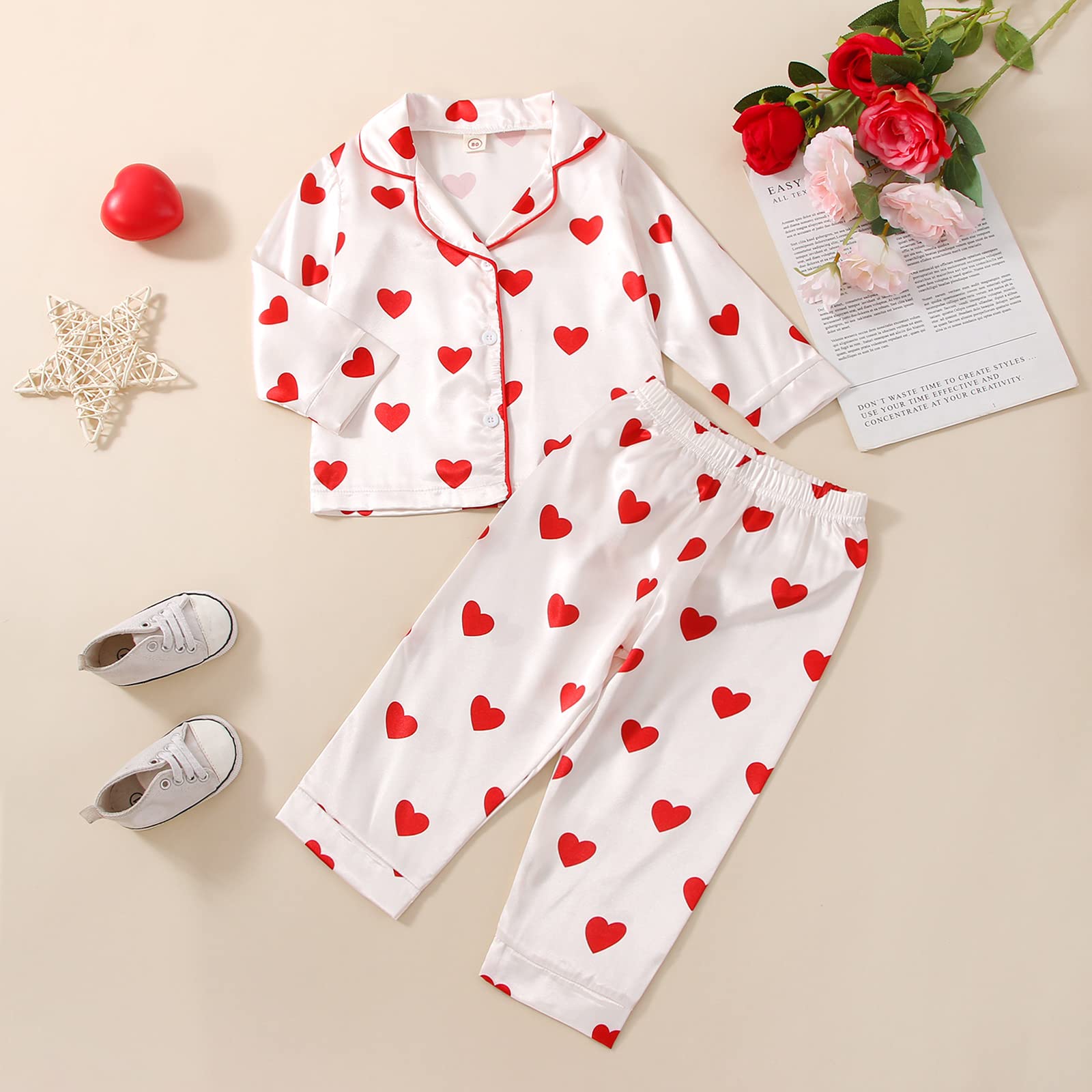 Qiylii Toddler Kids Baby Girl Satin Pajamas Set, Heart Print Valentine's Silk Pajamas Sleepwear 2pc Valentine Satin Pjs (2T, Heart)