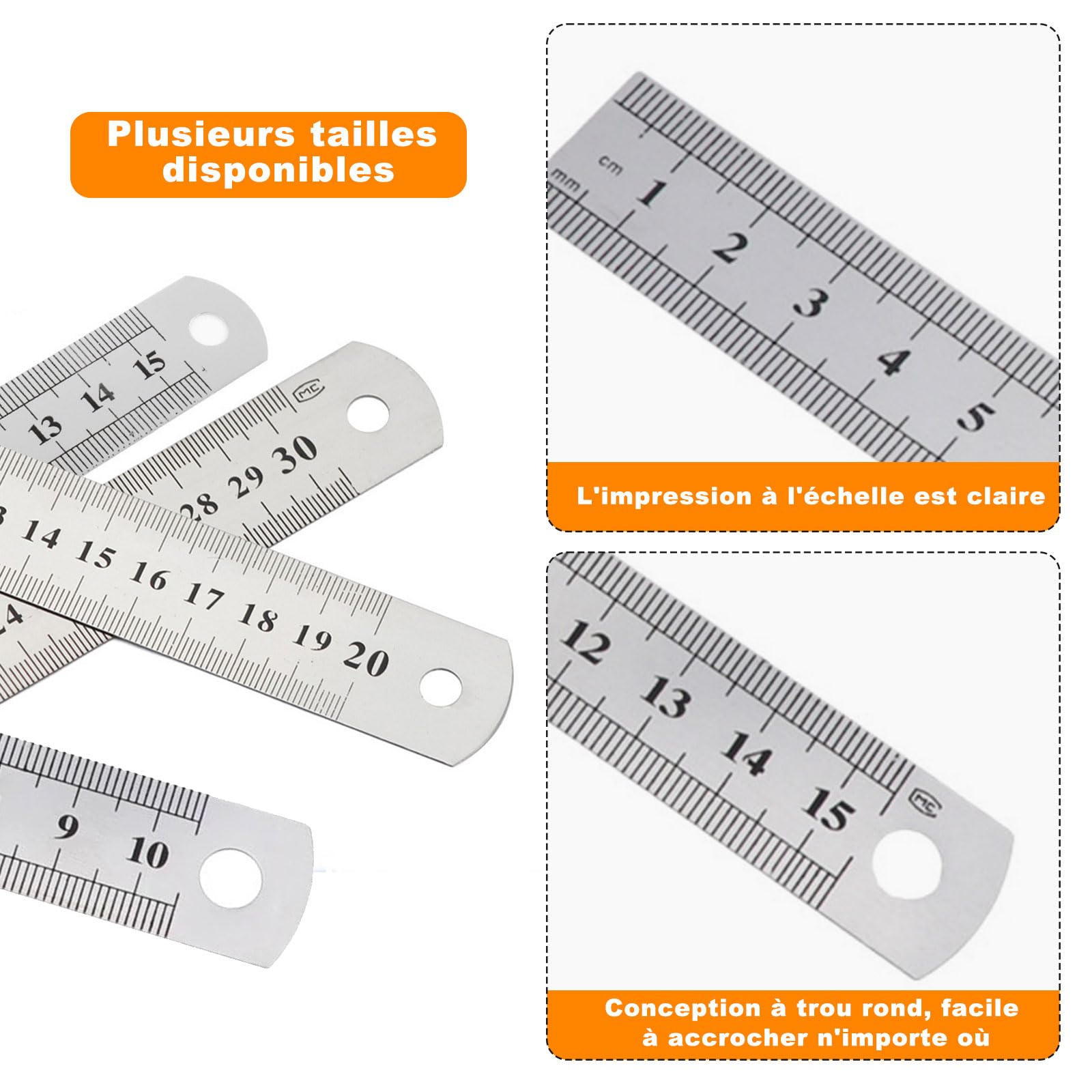 Règle En Acier Inoxydable 60cm - Double Graduation Cm/pouces | Pour Dessin, Architecture, Bureau | Trou Pour Suspension