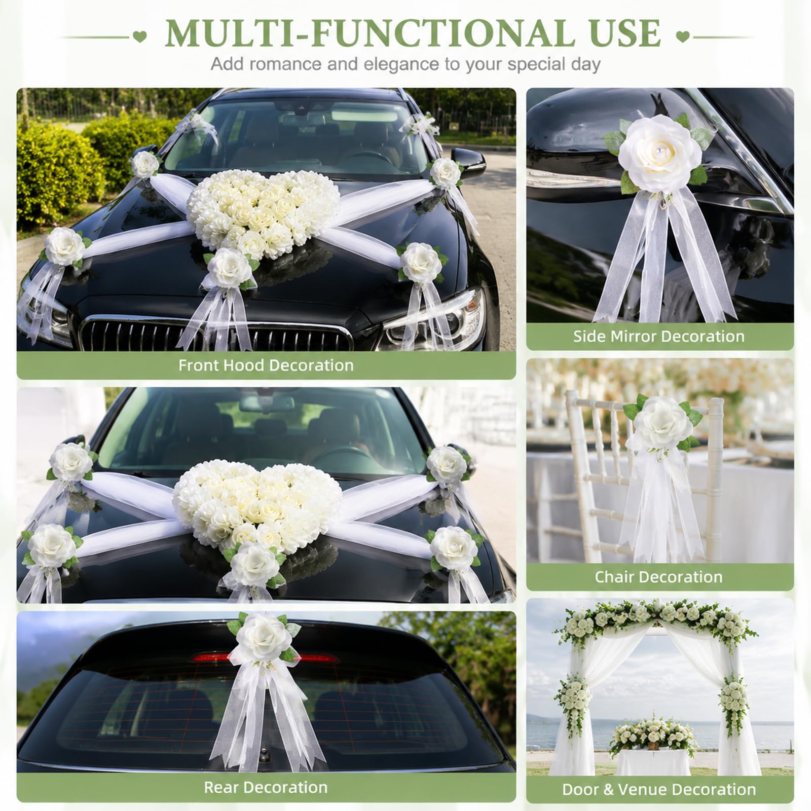 Herz Autoschmuck Hochzeit Set, Organza Girlanden & Rosen-Schleifen | 35cm Herzblumen-Deko, 8 Rosen-Schleifen, 2x180cm Organza-Bänder, starke Saugnäpfe, lackschonend, wiederverwendbar Brautauto