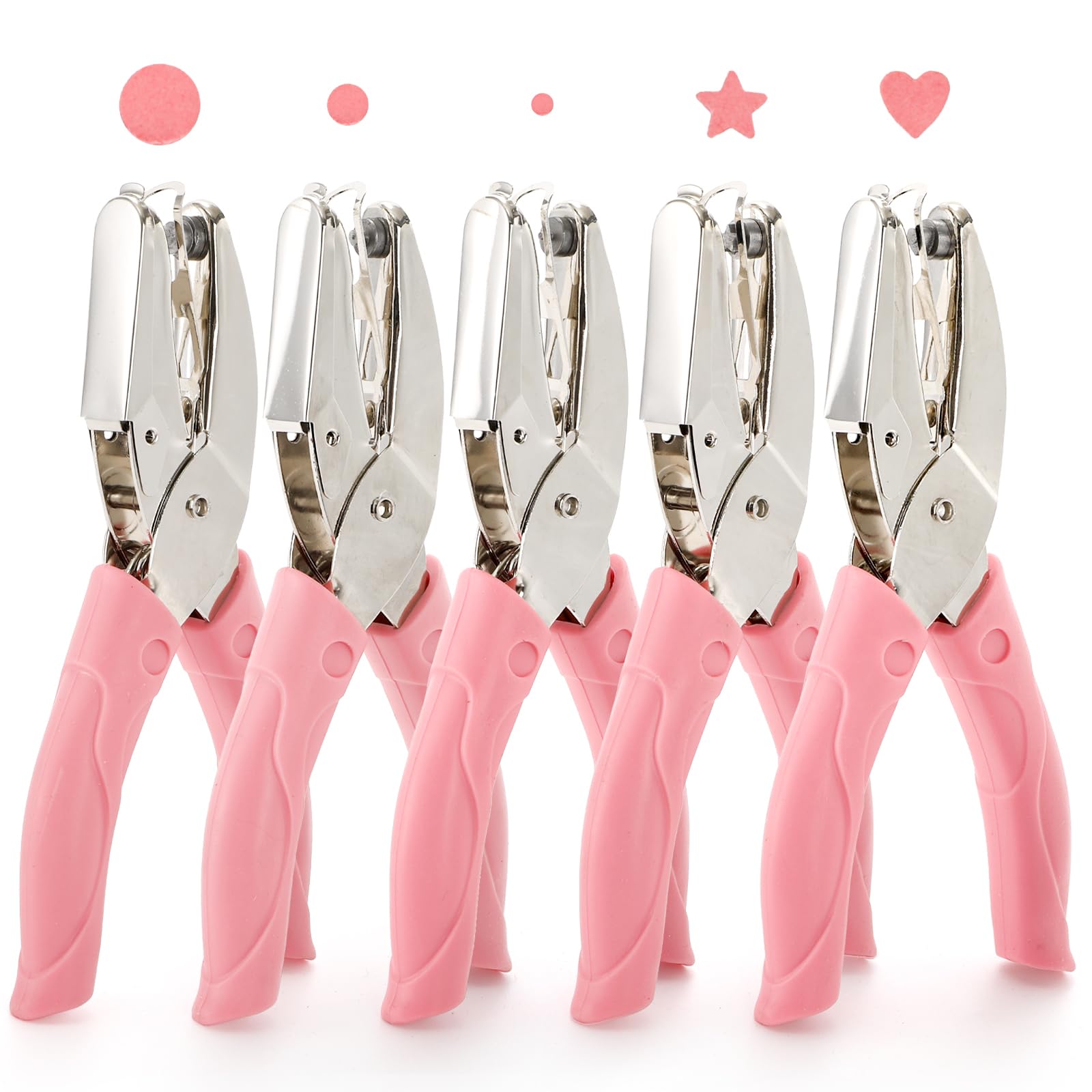 Jucoan 5 Pack Single Hole Punch Metal Handheld Small Hole Puncher with Soft Grip, Star Heart Circle Shape Paper Puncher for DIY Craft Tags Greeting