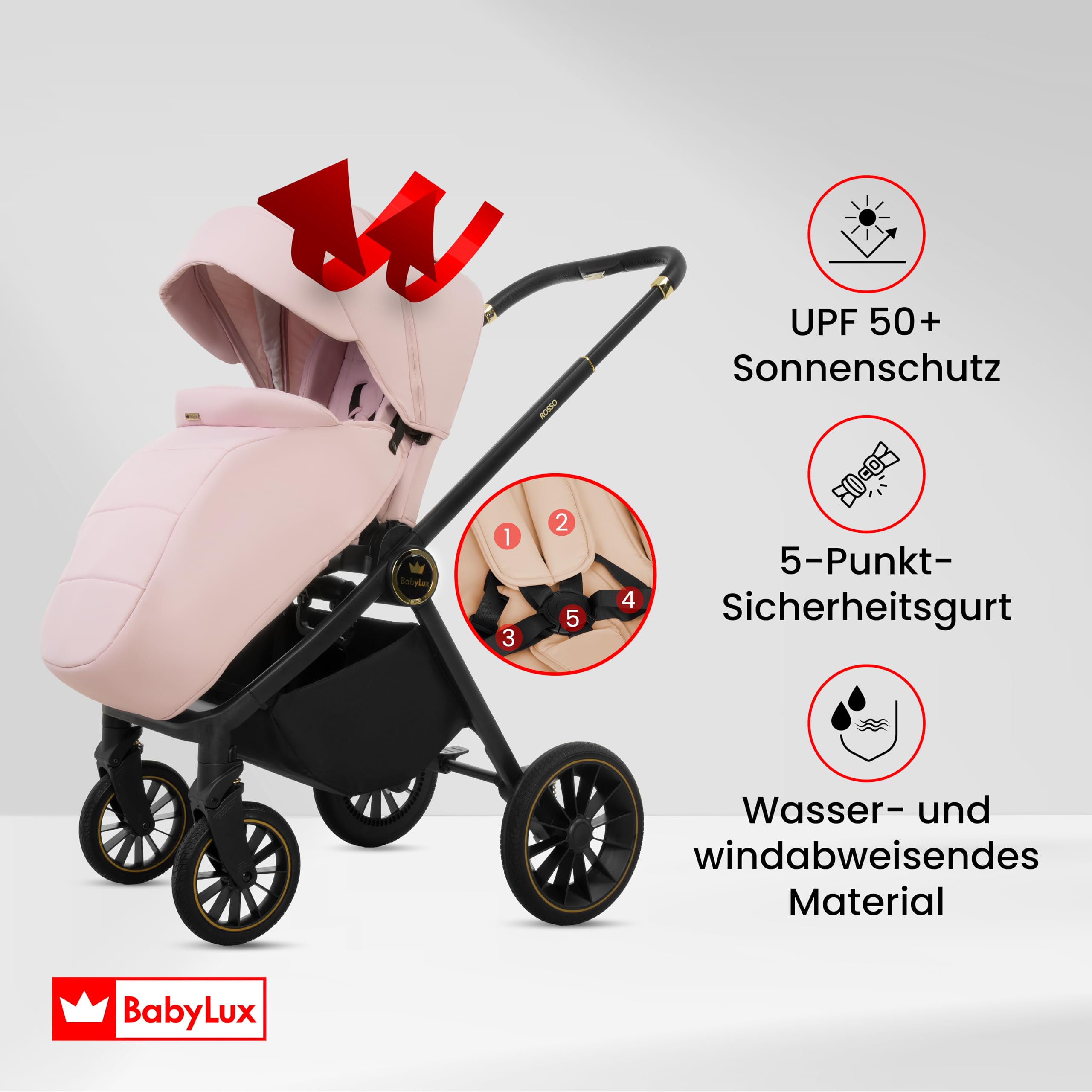 BabyLux® Kinderwagen 3in1 Set ROSSO, Faltbar Leicht Kombikinderwagen Set incl. Babywanne, Buggy Sportsitz, Babyschale i-Size, Wickeltasche und mehr Zubehör, 4 Liegepositionen, 0-22kg, UV Schutz 50+