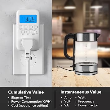 HBN Watt Meter Plug with Backlight, Plug-in Socket Power Meter Electricity Usage Monitor Consumption Home Electrical Energy Monitor, Voltage Amps Wattage Electricity Usage Tester, 9 Display Modes