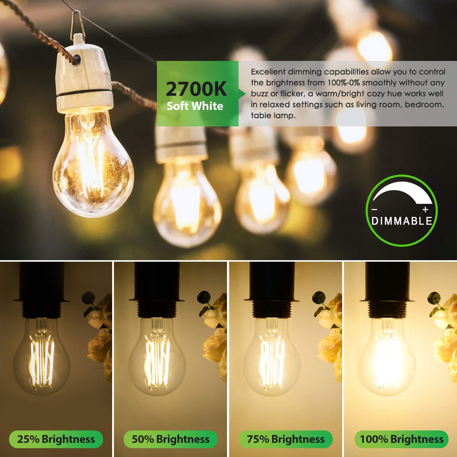 LED A19 Dimmable Light Bulbs 100W Equivalent, Vintage E26 Edison Bulbs 8W 1200LM, 2700K Soft Warm White, Clear Antique LED Filament Bulb for Home, Bathroom, Indoor&Outdoor, 6-Pack