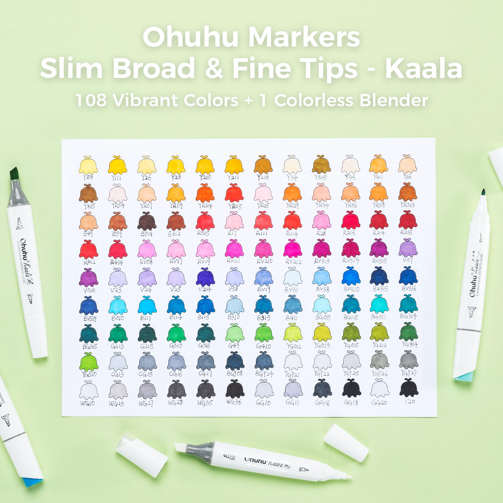 Ohuhu markers, 108+1 colori pennarelli ad alcool a doppia punta fine e sottile, inchiostro sfumabile e ricaricabile per artisti che colorano e disegnano personaggi dei cartoni animati e degli anime