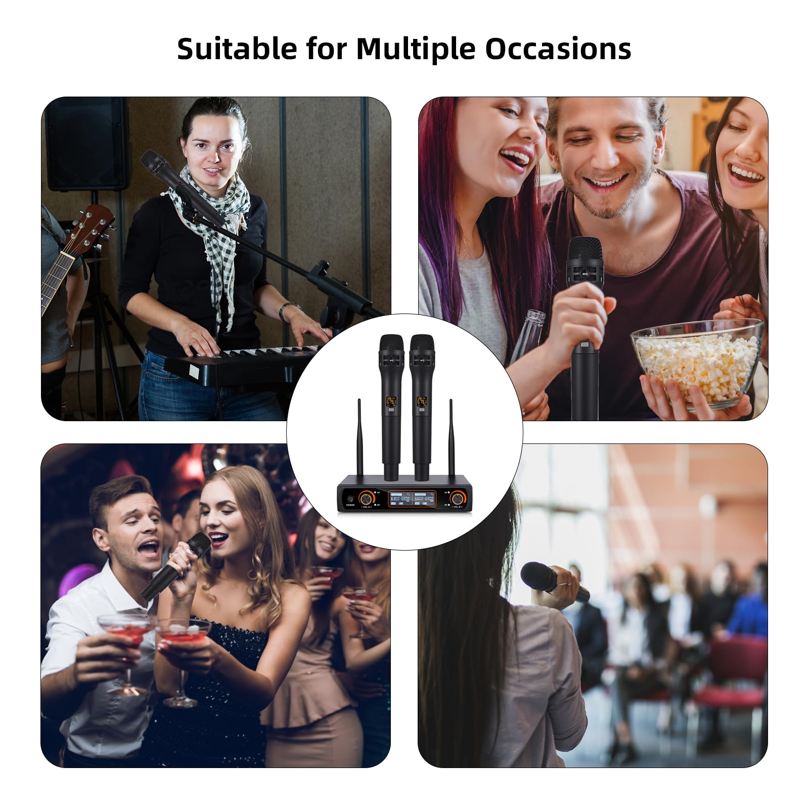 Jemora microfonico portatile wireless UHF professionale a 16 canali 2 microfoni 1 ricevitore Cavo audio da 6,35 mm Display LCD Microfono e ricevitore cardioide 16 canali per Karaoke Feste in