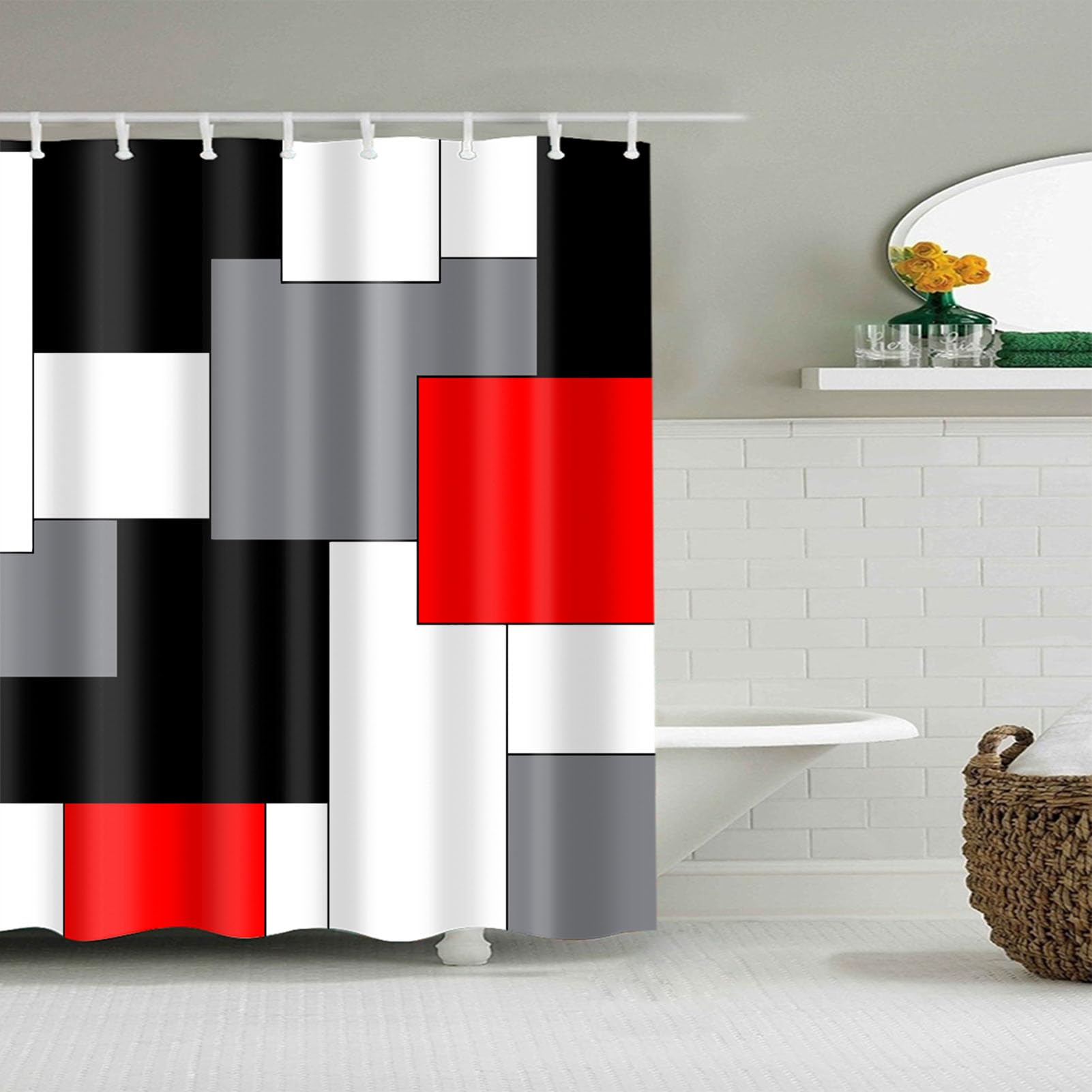 BOYOUTH Black,Grey,Red,White Geometry Pattern Digital Print Shower Curtains for Bathroom,Polyester Waterproof Fabric Bath Curtain with 6 Hooks,50x78 Inches,Multicolor