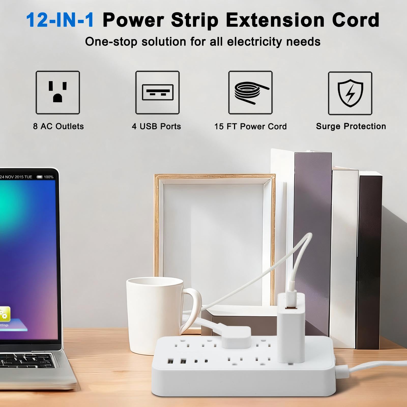 Cable de extensión plano de 15 pies, protector de sobretensiones y regleta de alimentación con 8 salidas y 4 puertos USB, 3 clavijas, extensor de enchufe con cable largo, protección contra sobrecarga