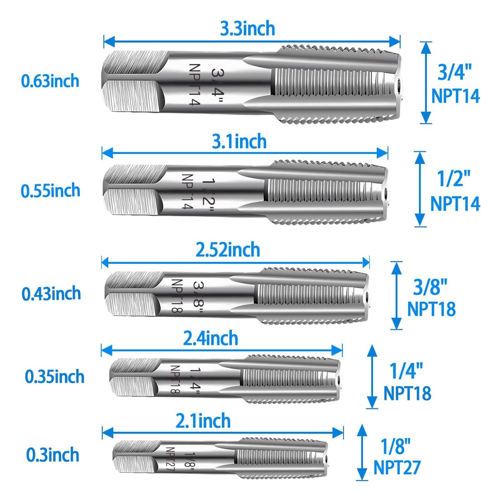 NDNCZDHC 5 Piece NPT Pipe Tap Set 3/4in, 1/2in, 3/8in, 1/4in, 1/8in NPT Tap Carbon Steel Pipe Threader Kit with Storage Case