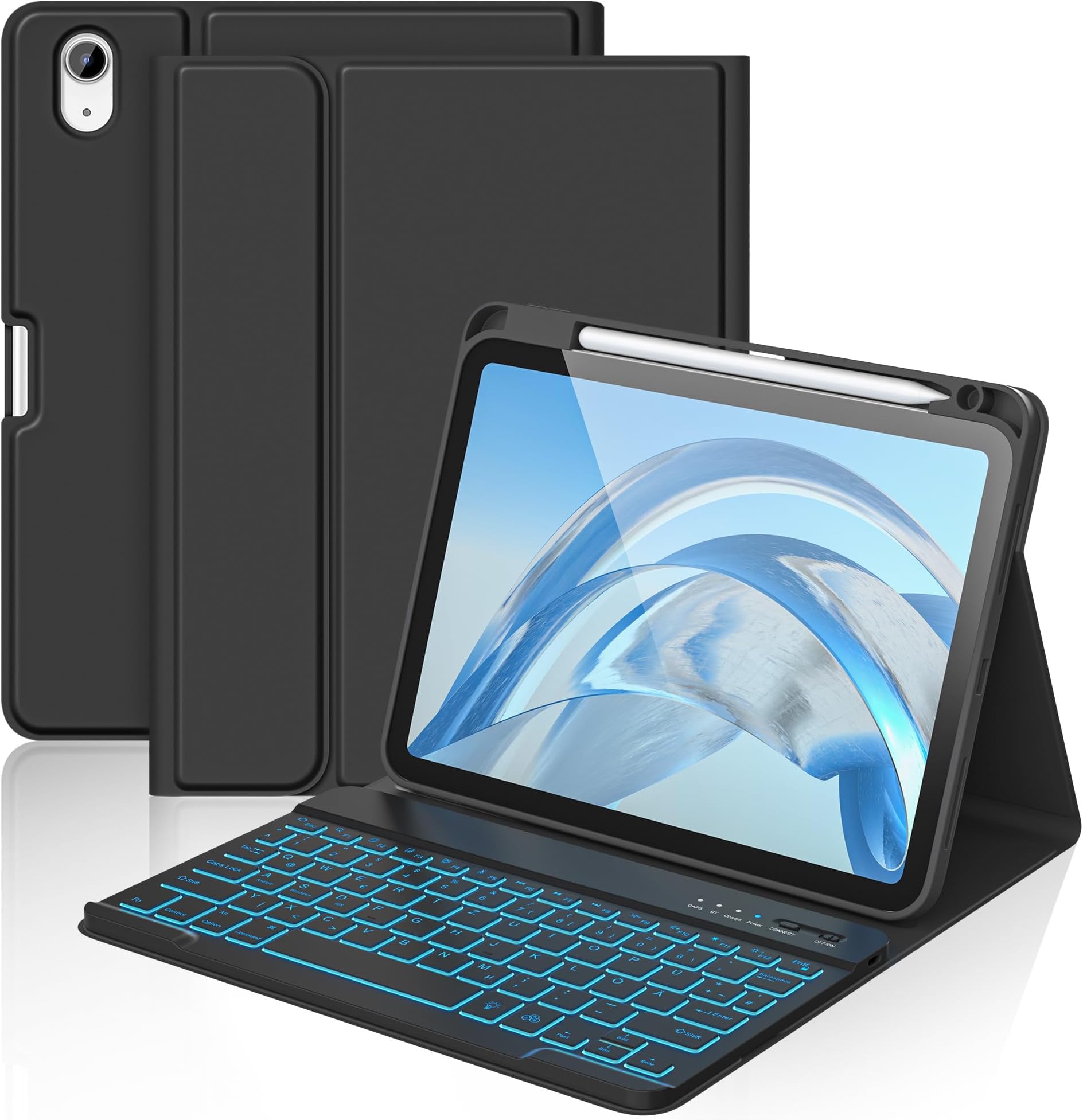 aMZCaSE Case for iPad A16 10/11th Generation with Keyboard 11/10.9 Inch (2025/2022), 7 Colours Backlight Removable Wireless Keyboard Cove with Pen Holder for New iPad 11th Gen (Black)