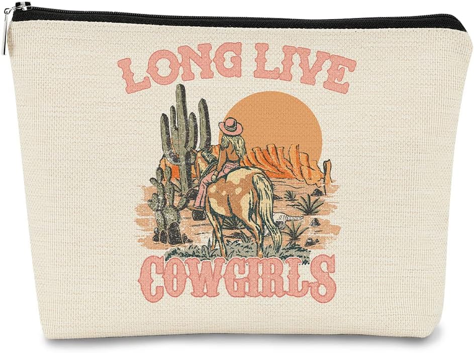 Long Live Cowgirls Makeup Bag,Retro Western Cowgirl Riding Horse Cactus Desert Cosmetic Bag Best Birthday Christmas Gift Idea for Cowgirls Teen Girls Women,Cowgirl Gifts for Girls