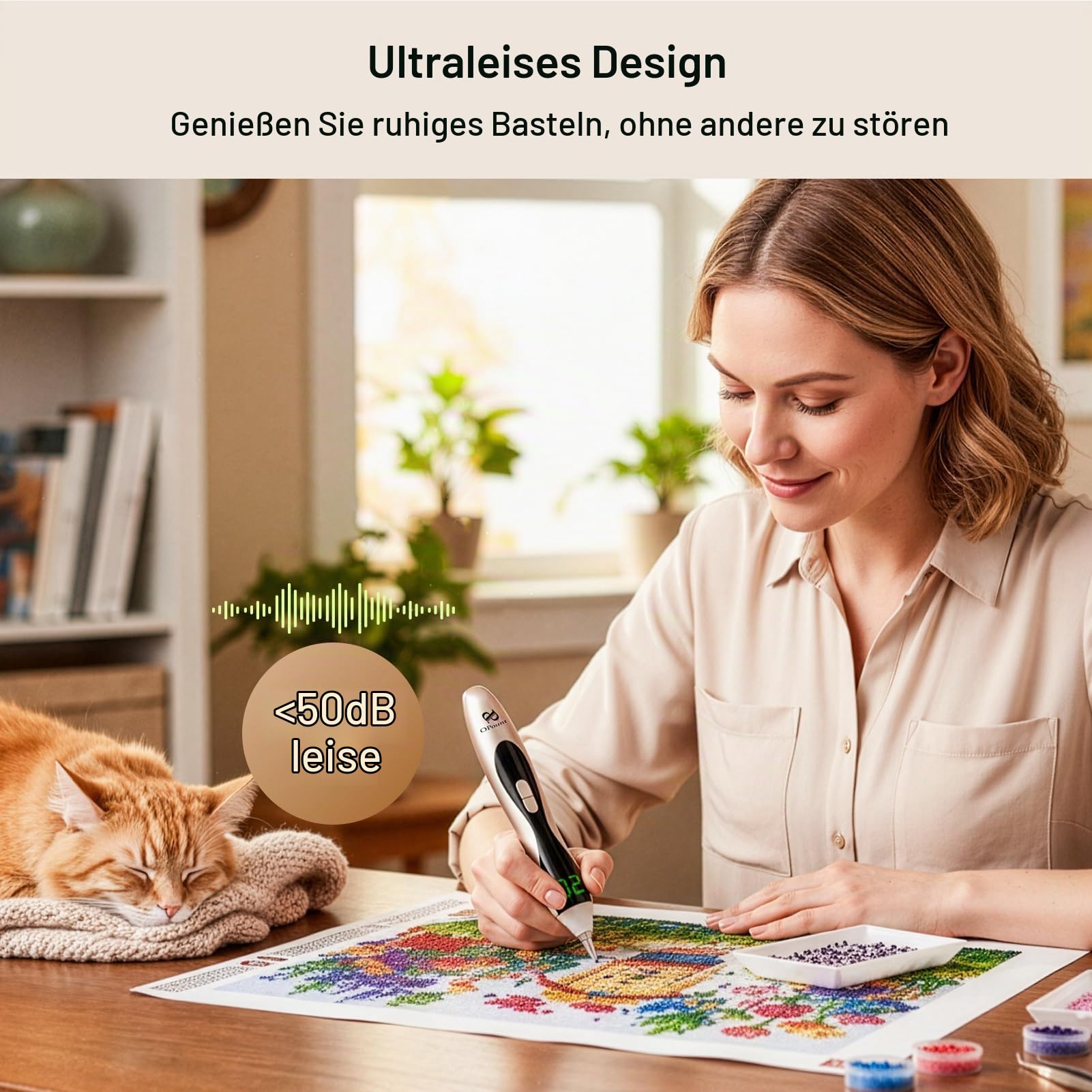 PP OPOUNT Elektrischer Diamond Painting Stift Gold mit LED Licht & Display, 3 Saugstufen, Kabellos & Wiederaufladbar, Leiser Vacuum Stift, Ergonomisches Diamond Painting Zubehör für Erwachsene