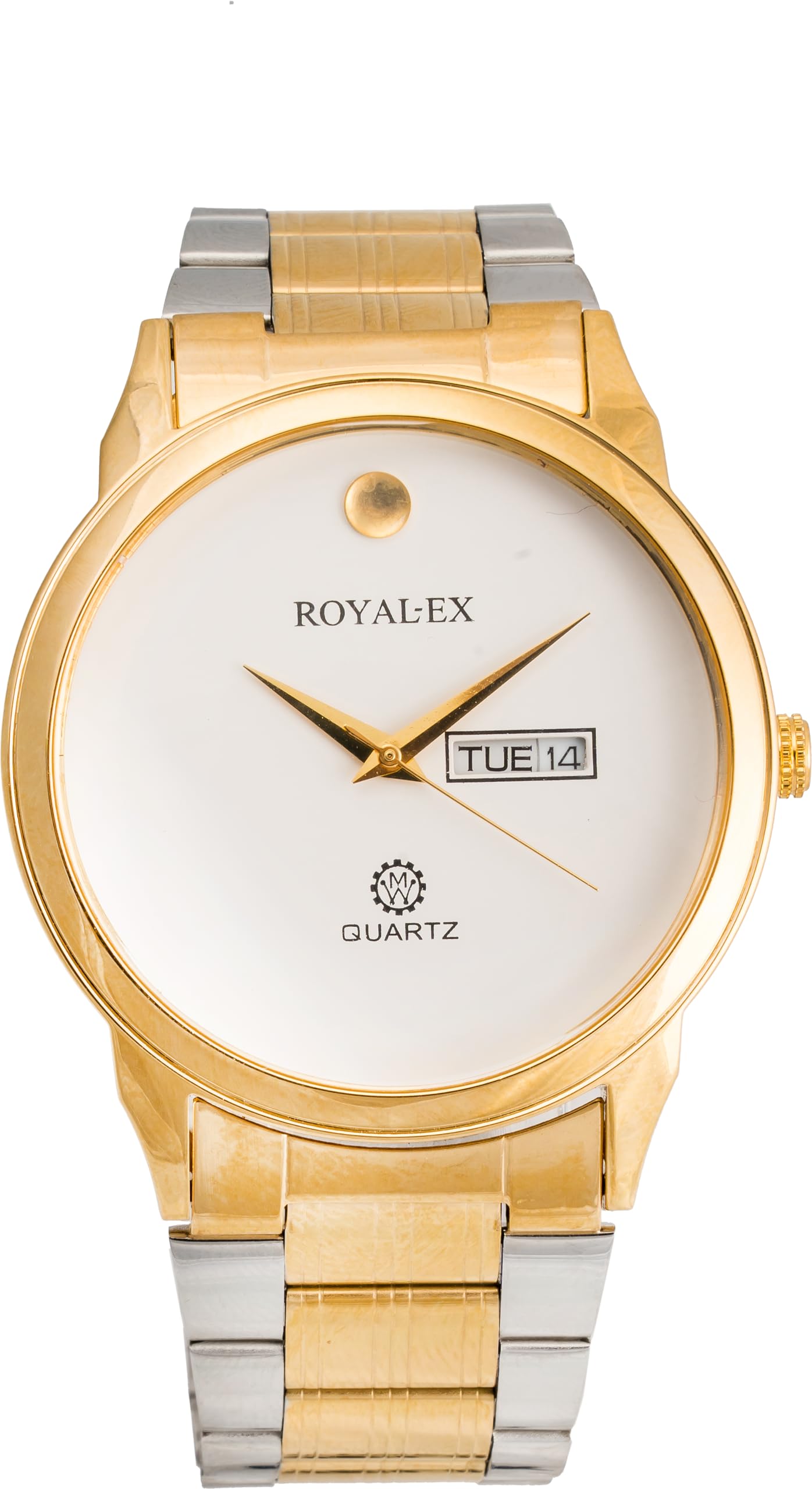 Royalex Fashionable White Dial Day & Date with Golden Case Analog Watch for Men | Silver-Gold Mix Chain Analog Watch for Men (B0DCJV1X63) Amazon Price History, Amazon Price Tracker