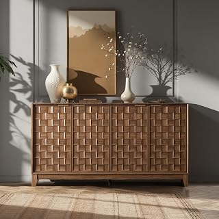 COLAMY Fluted Walnut Sideboard Buffet Cabinet - Mid-Century Modern Credenza with Adjustable Shelves & Storage