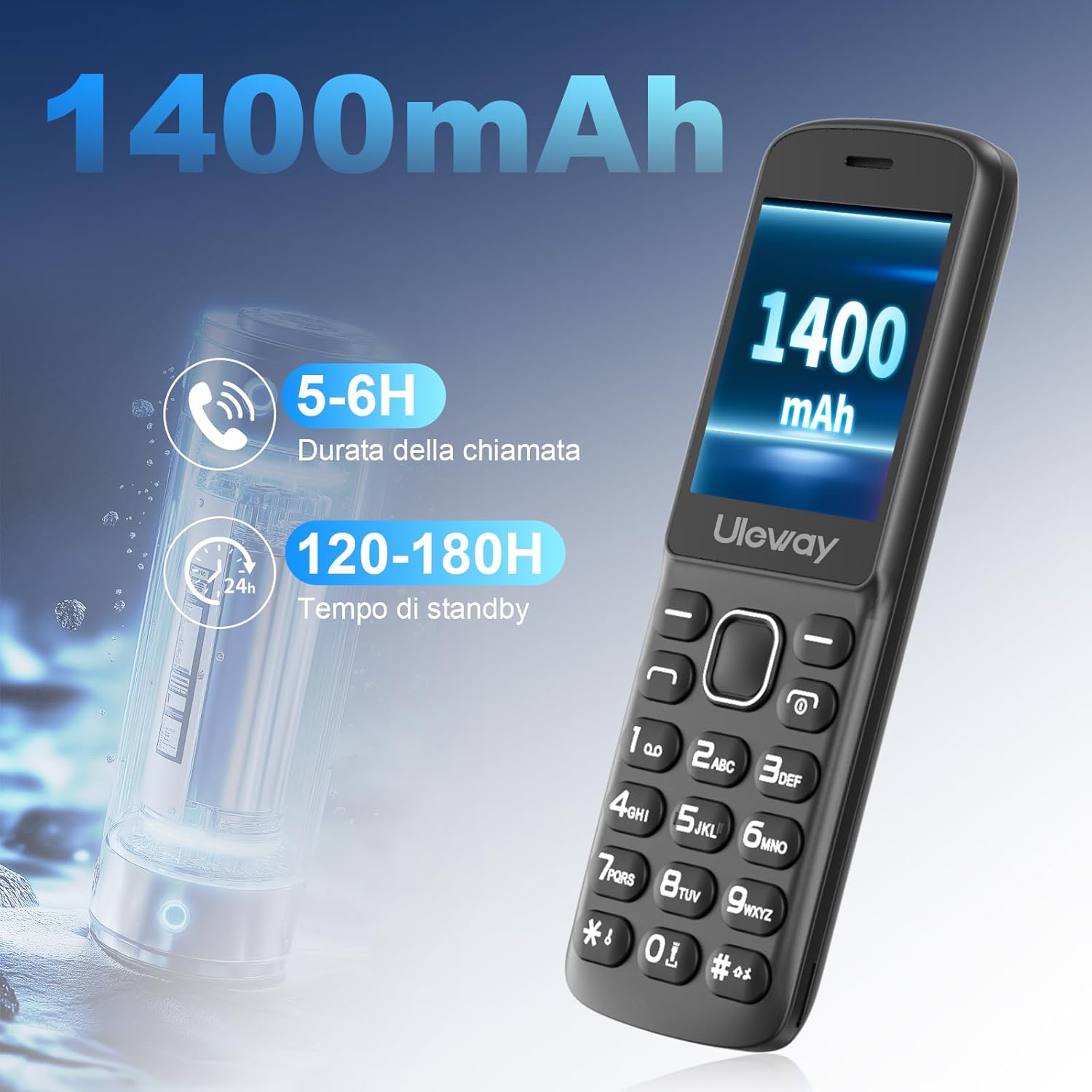 uleway T1208 phone with 1400mAh battery capacity and usage times