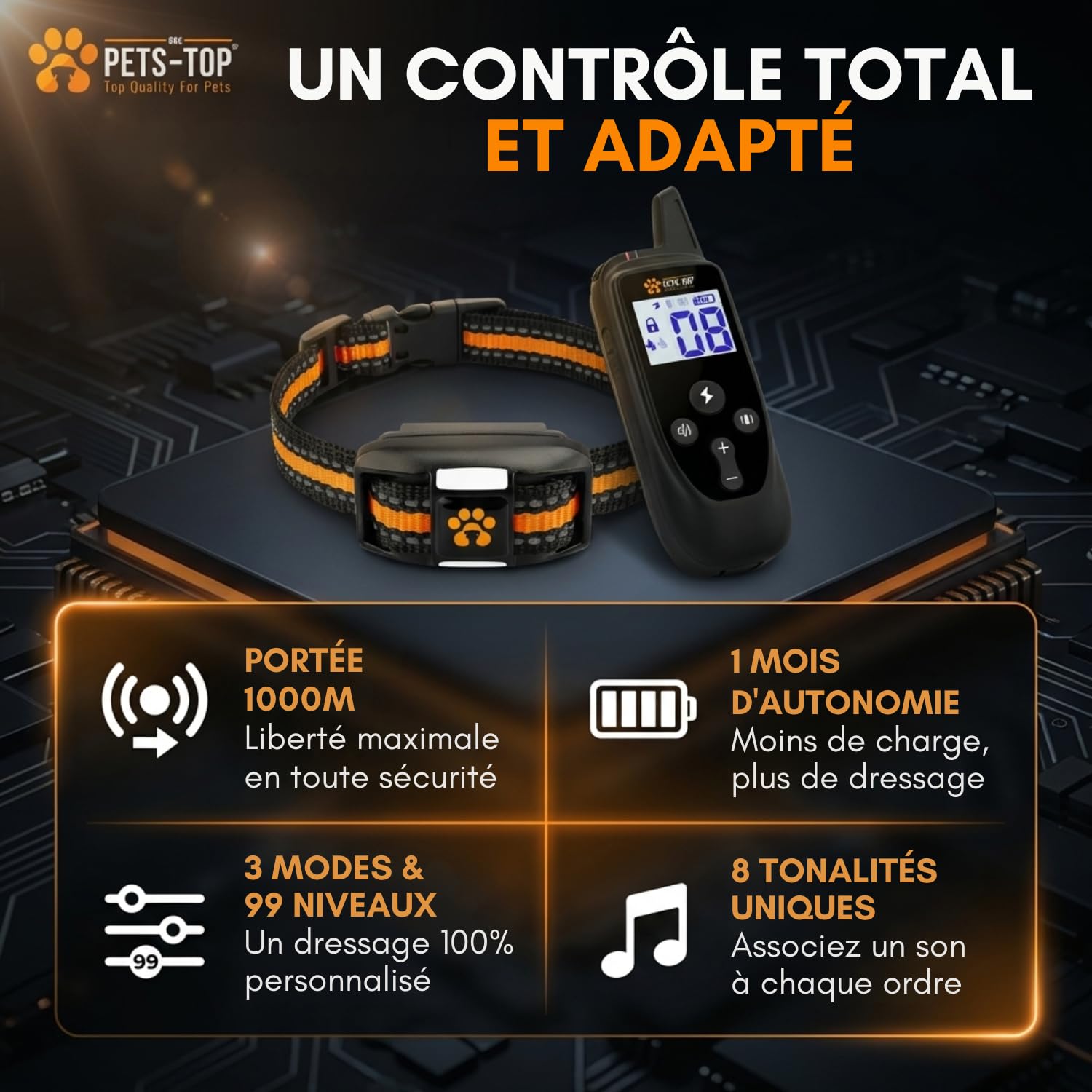 One PETS-TOP Collier De Dressage pour Chien, Portée de 3000m, Mode Vibration, Son, Choc Statique de 0 à 99, IPX67 Résistant à L’Eau, Petit et Gros Chien, Anti-aboiement