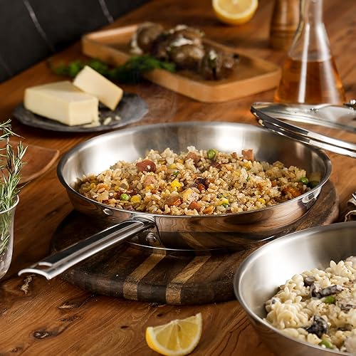 Miniatura 3 de DELUXE Juego de 4 sartenes de acero inoxidable, sartén de 10 pulgadas y 12 pulgadas con tapa y mango que se mantiene fresco, sartén de acero