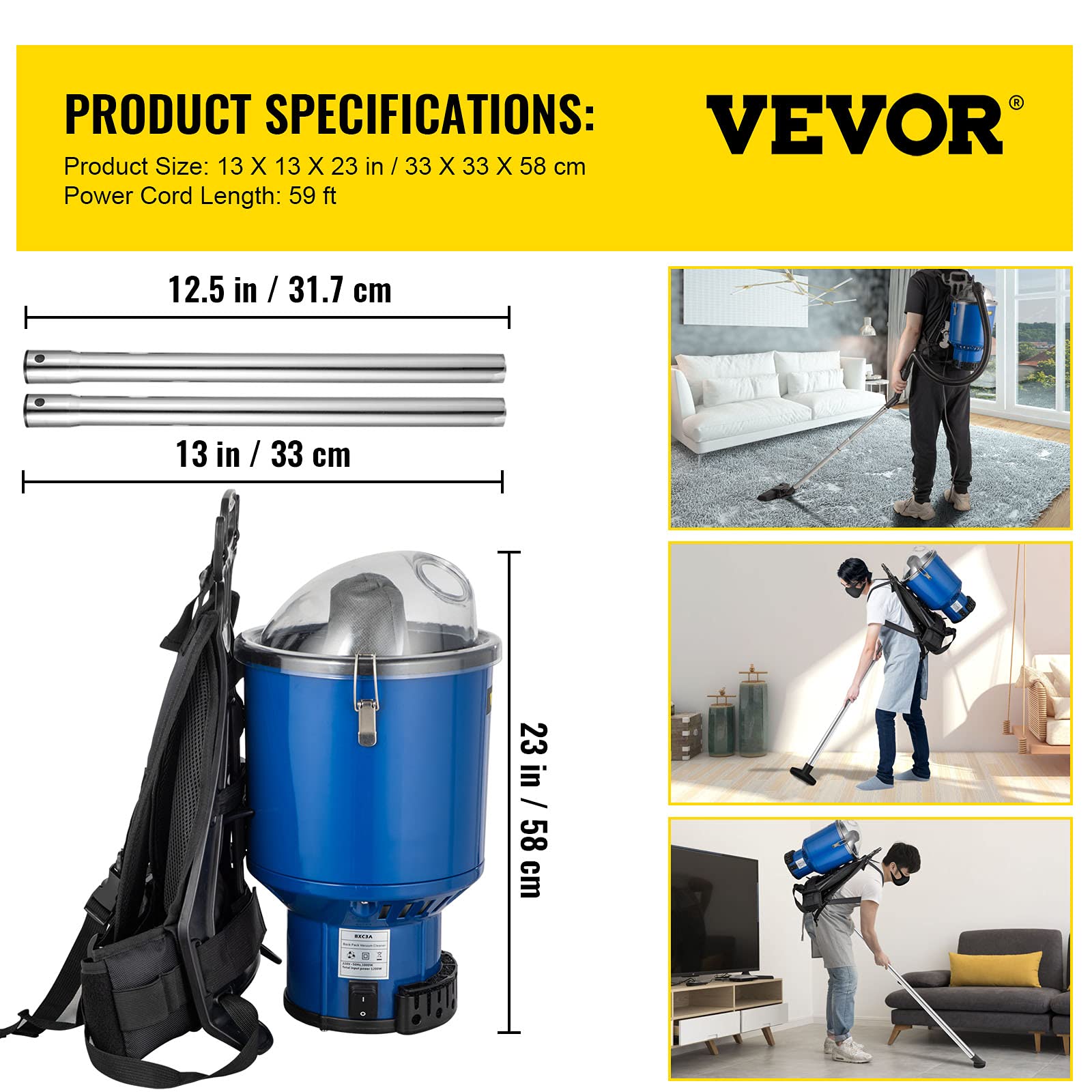 Buy VEVOR Backpack Vacuum, 3.6qt Backpack Vacuum Cleaner, 5IN1