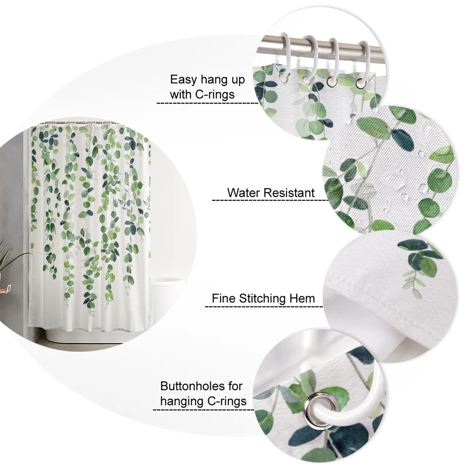 Guirlande d'eucalyptus Rideau de Douche imperméable Rideau de Salle de Bain Rideau en Tissu Polyester décoration de la Maison 300x180cm (118x71in)
