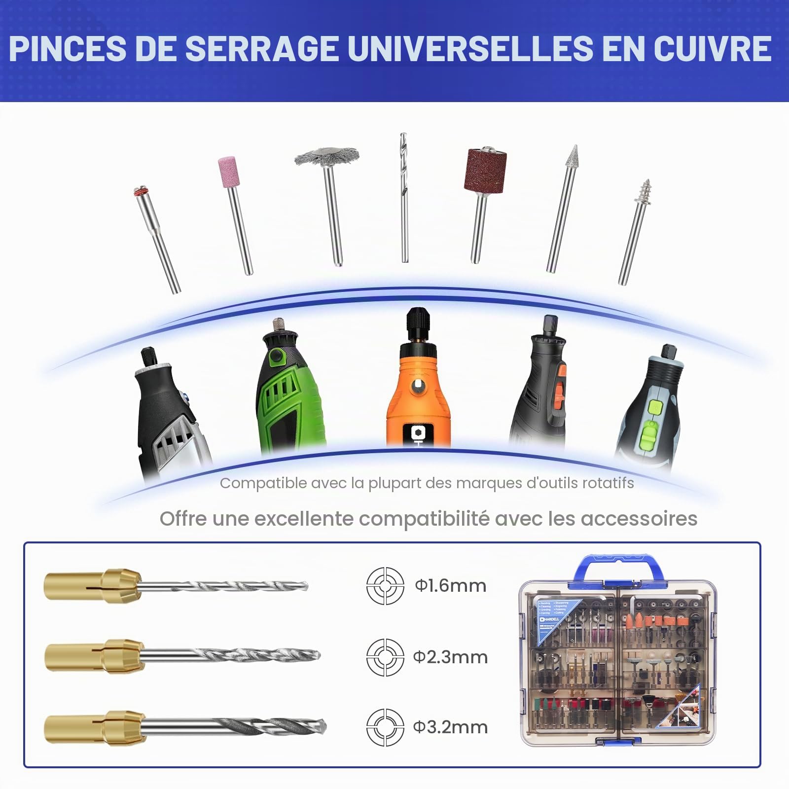 HARDELL Kit de 508 pièces pour outil rotatif, compatible Dremel. Accessoires de 1/8" (3,2 mm) pour poncer, percer, polir, tailler et graver. Polyvalent et complet ! (Cadeau bleu foncé)