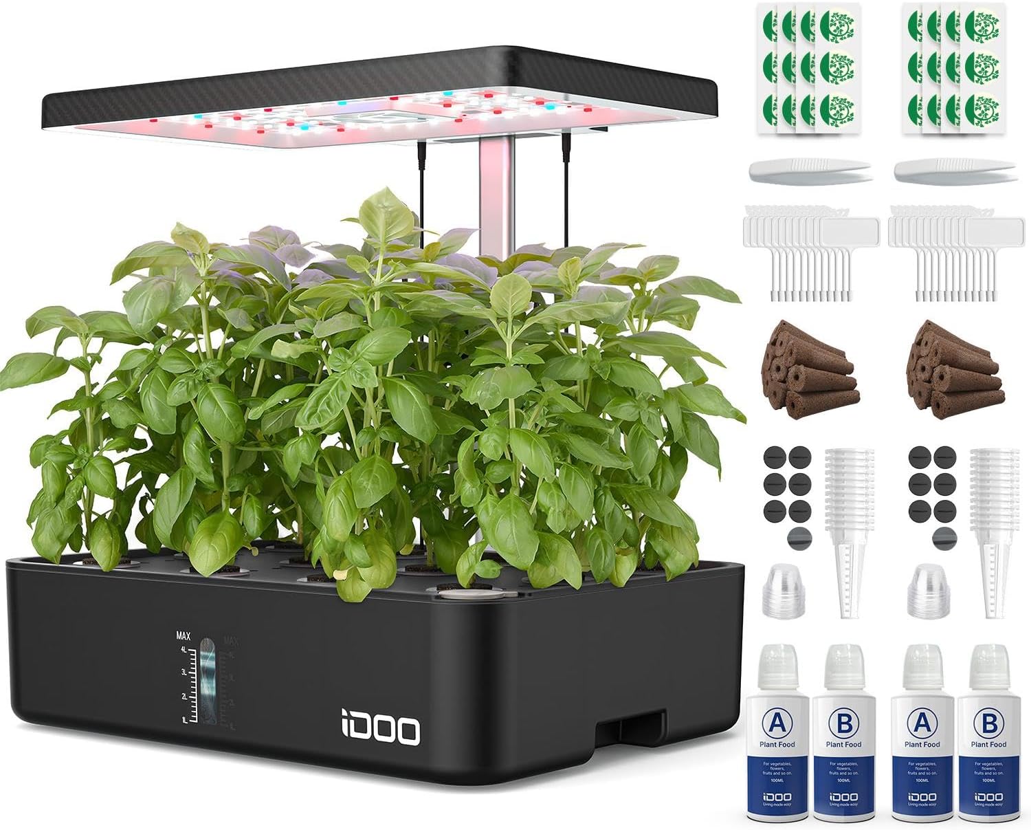 iDOO Hydroponics Growing System Kit 12Pods, Christmas Gifts for Women Mom, Herb Garden Indoor with LED Grow Light for Home, Built-in Fan, Auto-Timer, Adjustable Height Up to 11.3″, 12Pods Kit-Black