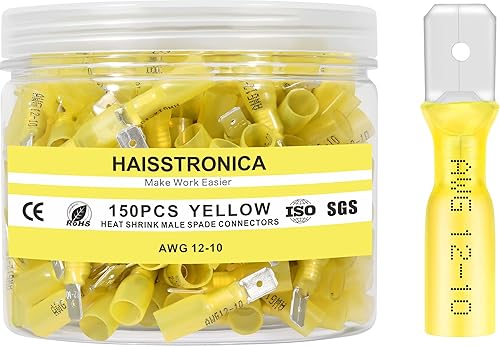 Miniatura 19 de haisstronica 150 conectores de pala hembra termocontraíbles amarillos, AWG 12-10, kit de terminlas de pala hembra termorretráctil, conector de cable